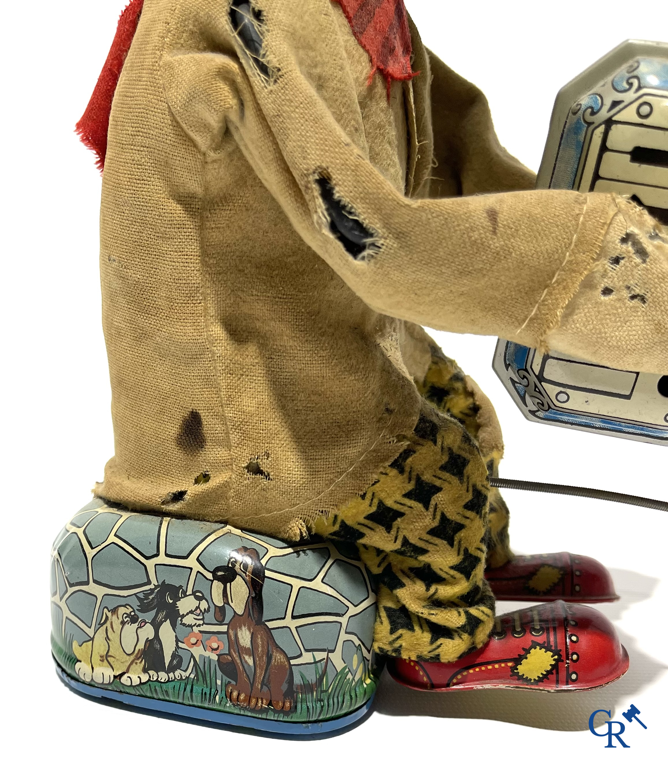 Oud Speelgoed. ALPS, Made in Japan. Battery toy in blik. Clown met accordeon en aapje. Jaren '60.