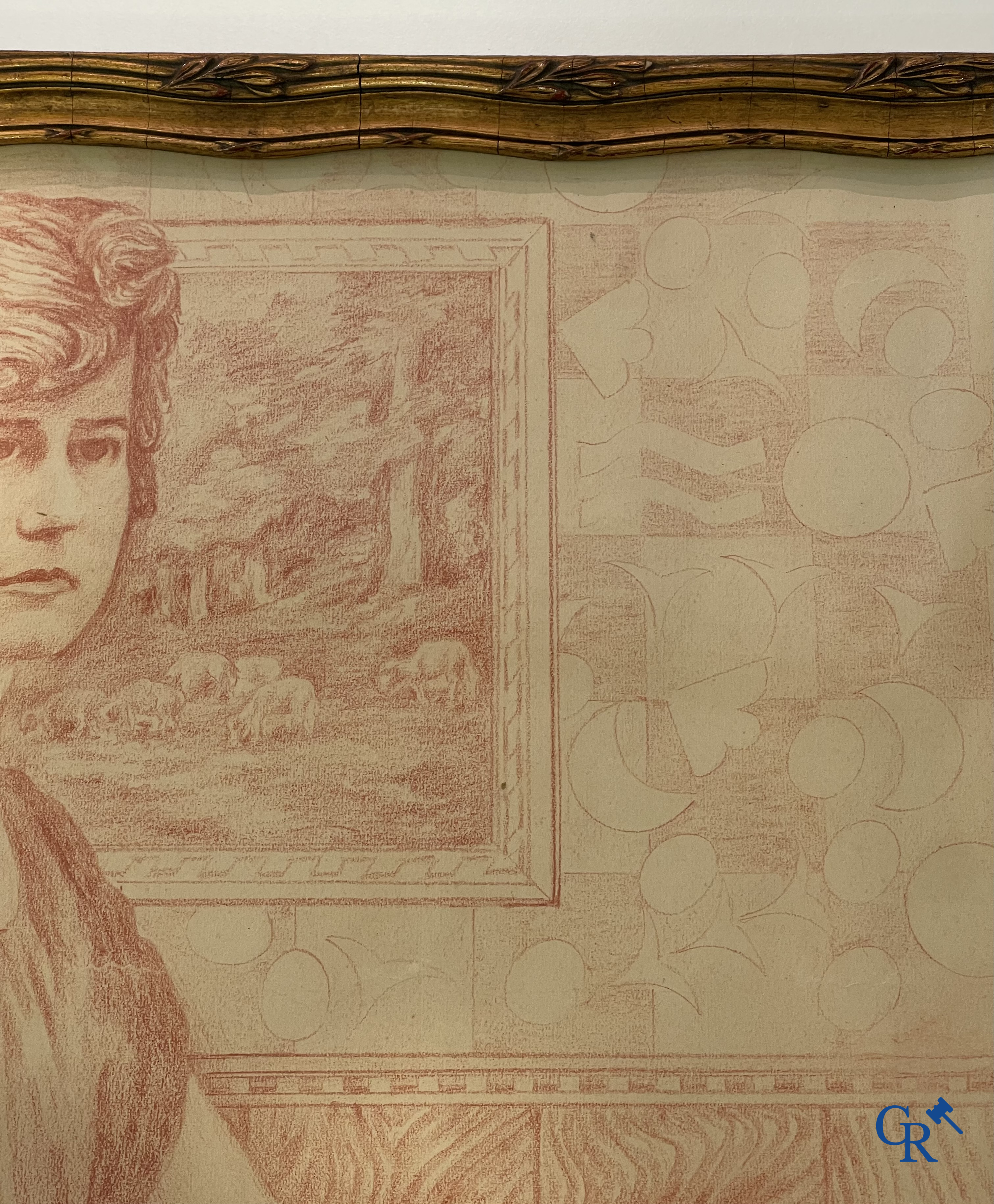 Théo Van Rysselberghe (1862-1926) Portret van een dame met honden. Rood krijt op papier. Gedateerd 1915.