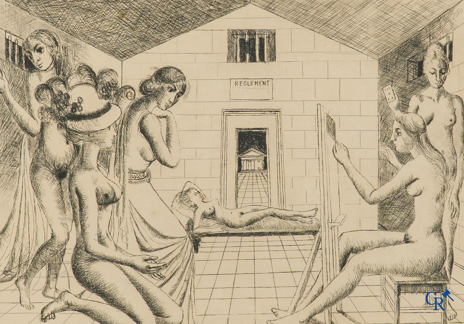 Paul Delvaux (1897-1994) Dans la cellule génératrice. Ets 1973. Genummerd 13/40.