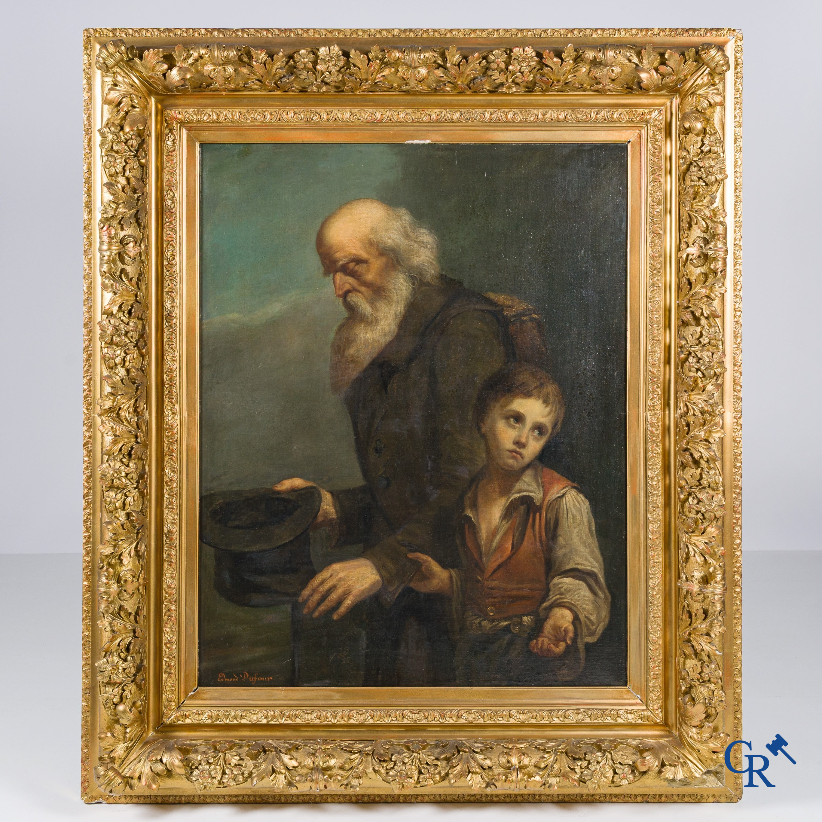 Edmond Dufour. Schilder uit Péronne, Frankrijk. De bedelaars. Schilderij, olie op doek in imposante vergulde lijst.
