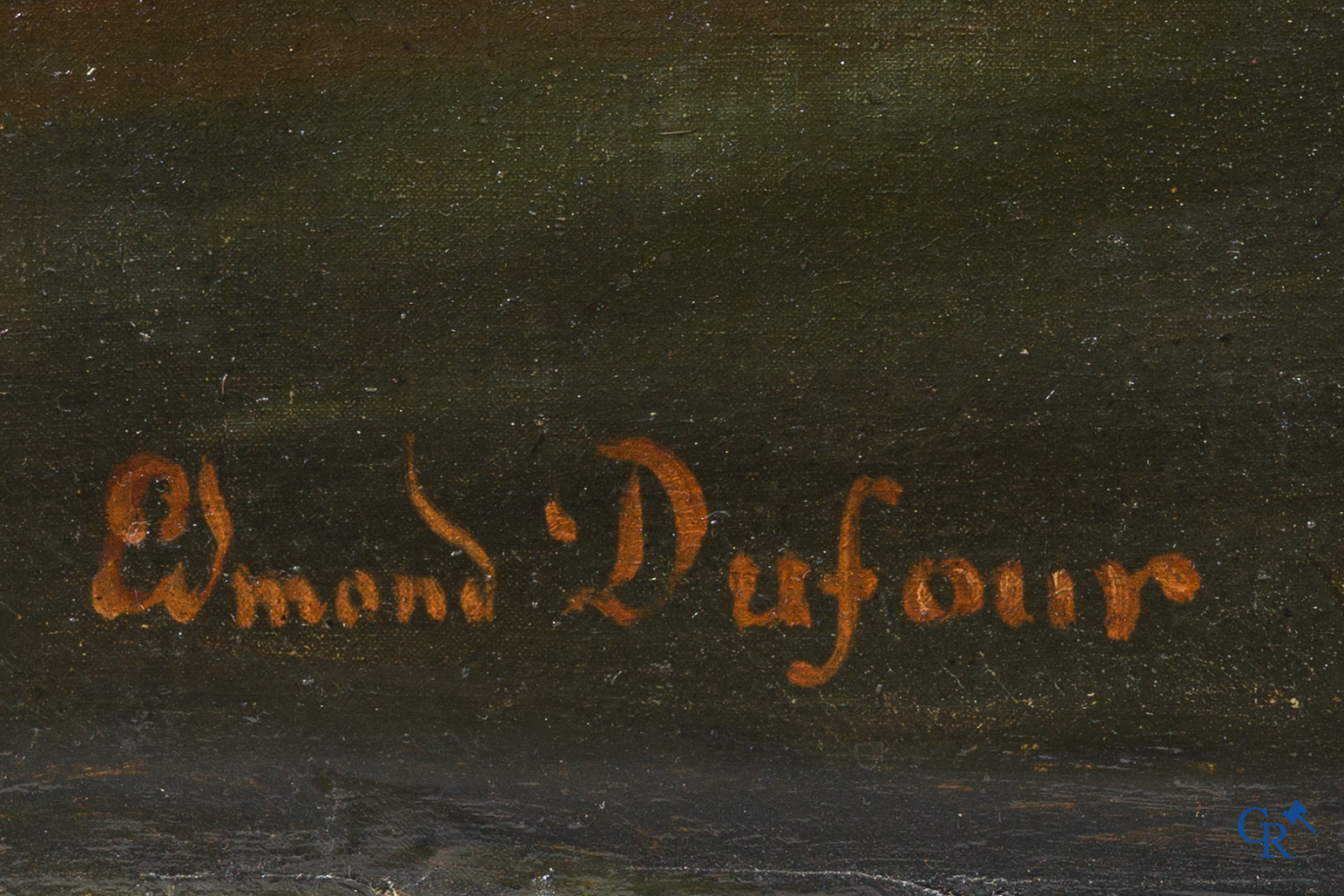 Edmond Dufour. Schilder uit Péronne, Frankrijk. De bedelaars. Schilderij, olie op doek in imposante vergulde lijst.