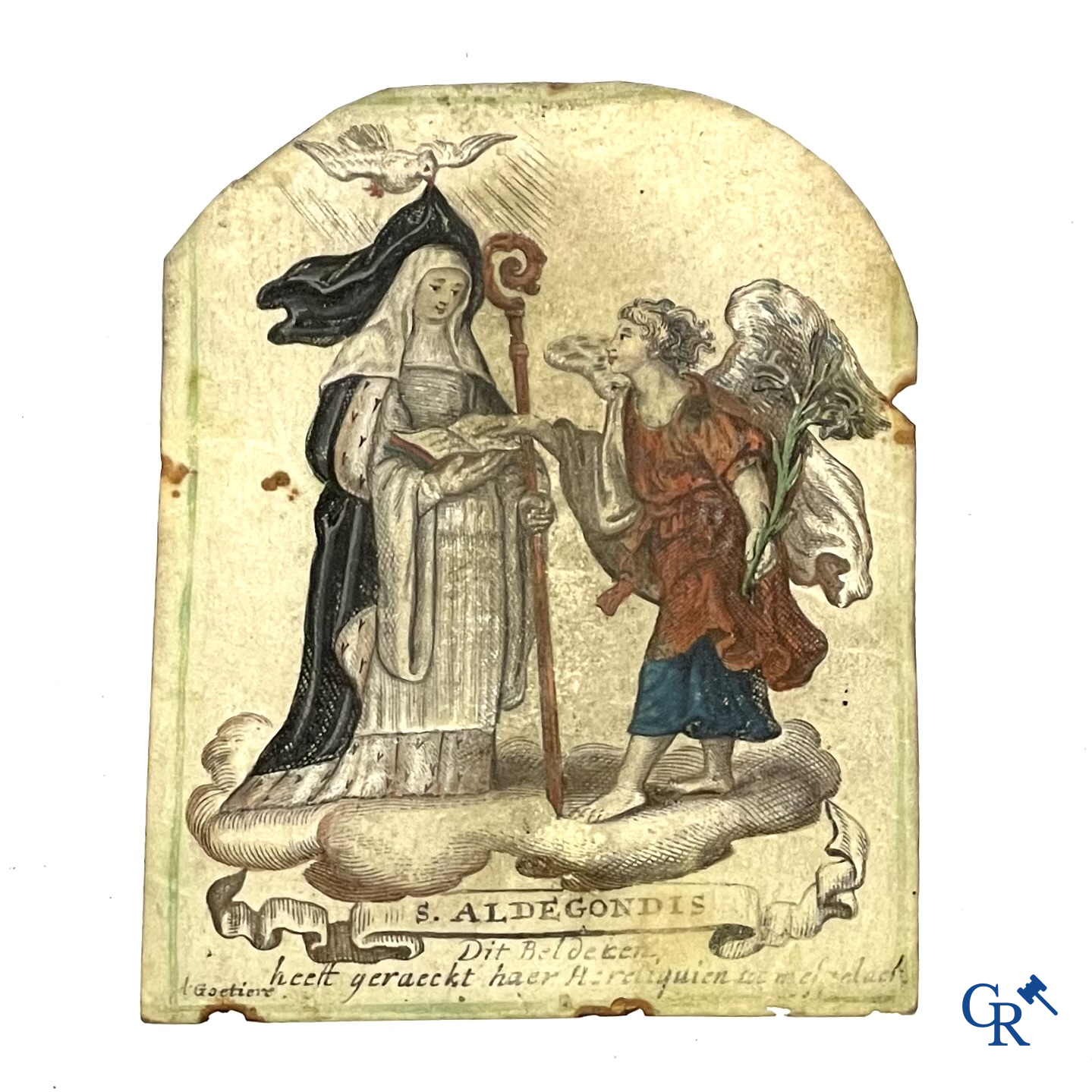 Religieuze objecten. 5 devotie prenten. Kopergravure op vergé papier en velijn aangevuld met kleur. 18e eeuw.