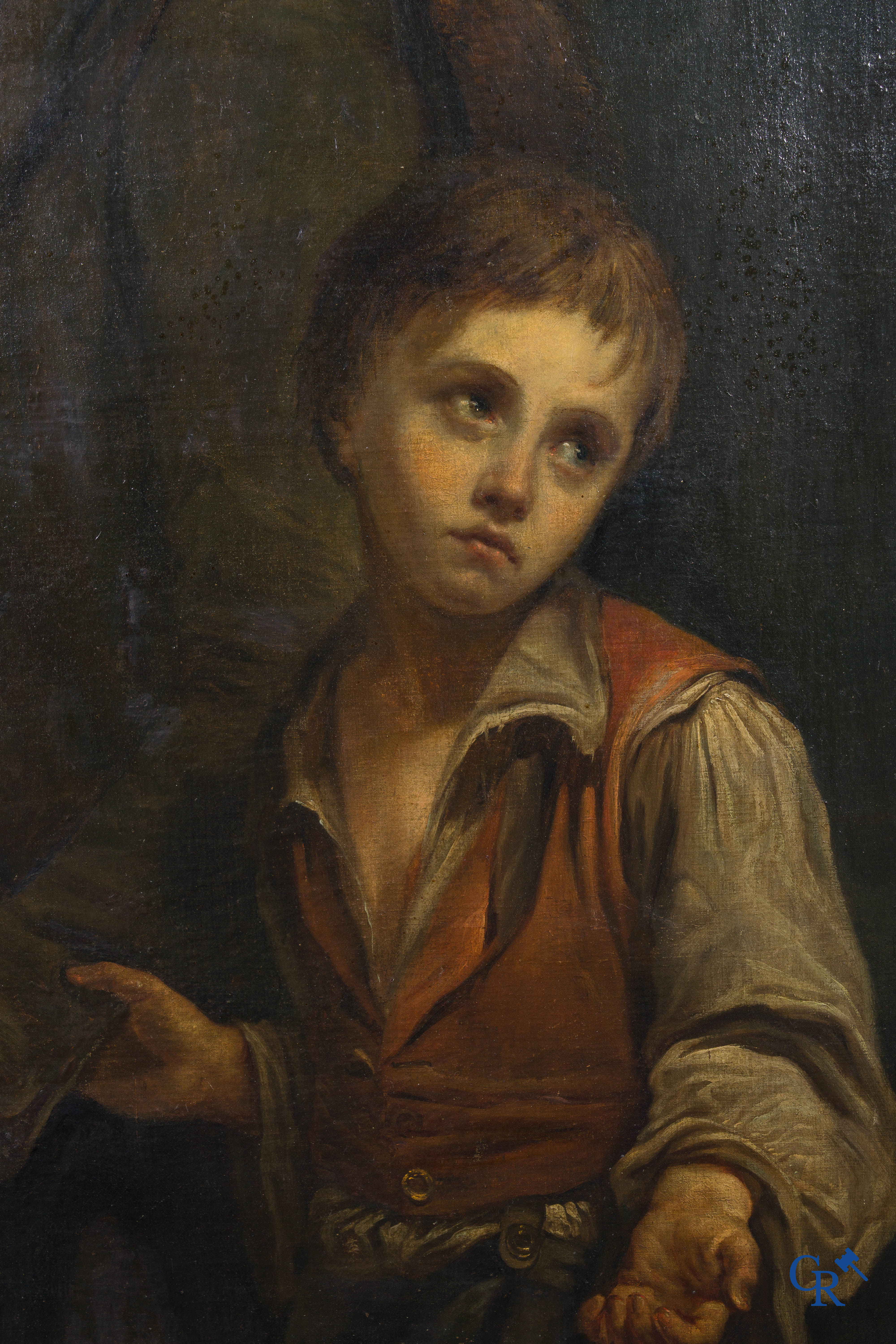 Edmond Dufour. Schilder uit Péronne, Frankrijk. De bedelaars. Schilderij, olie op doek in imposante vergulde lijst.