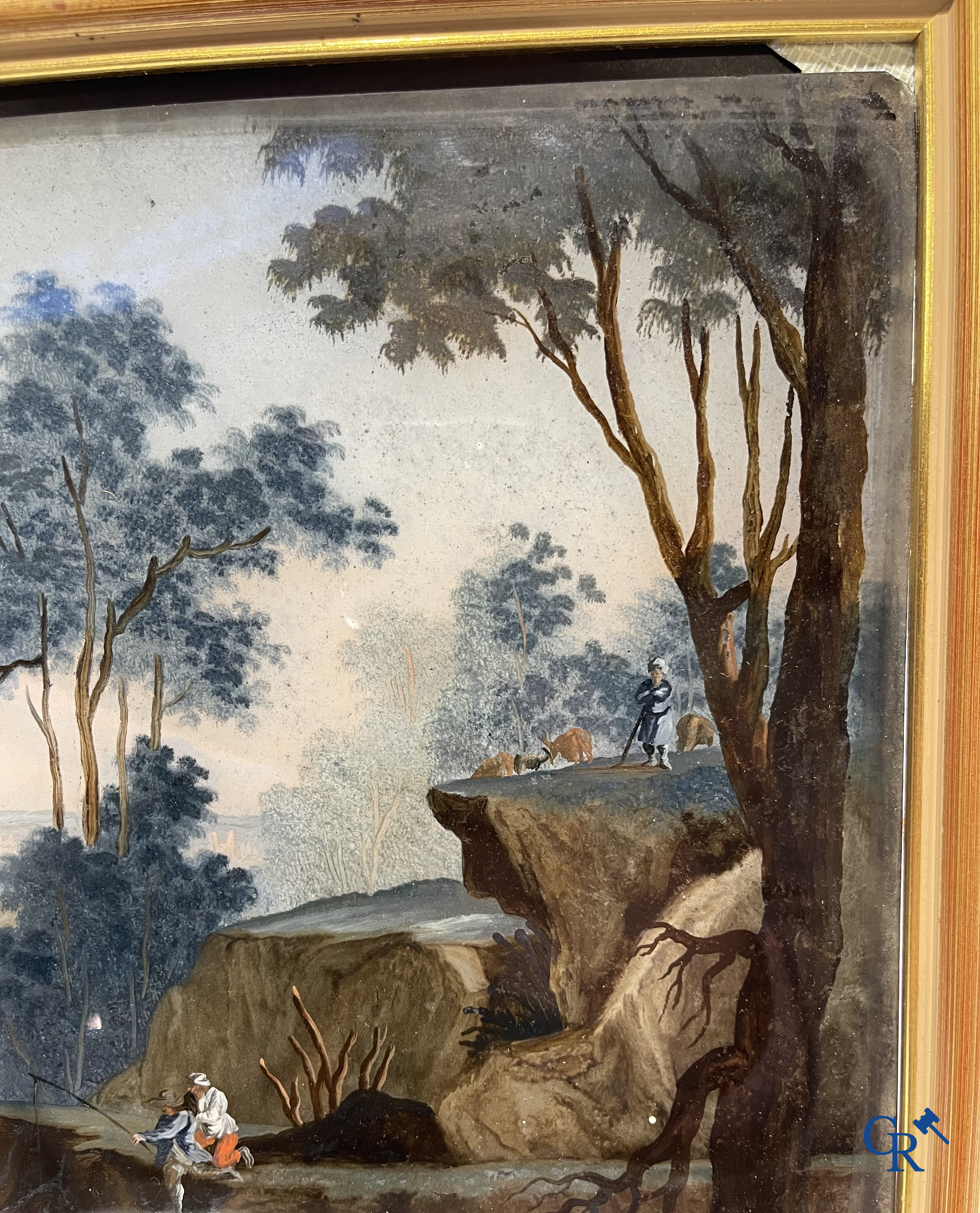Achterglasschildering of Verre églomisé, Italiaans landschap met een rivier. Italiaanse of Franse school circa 1800.