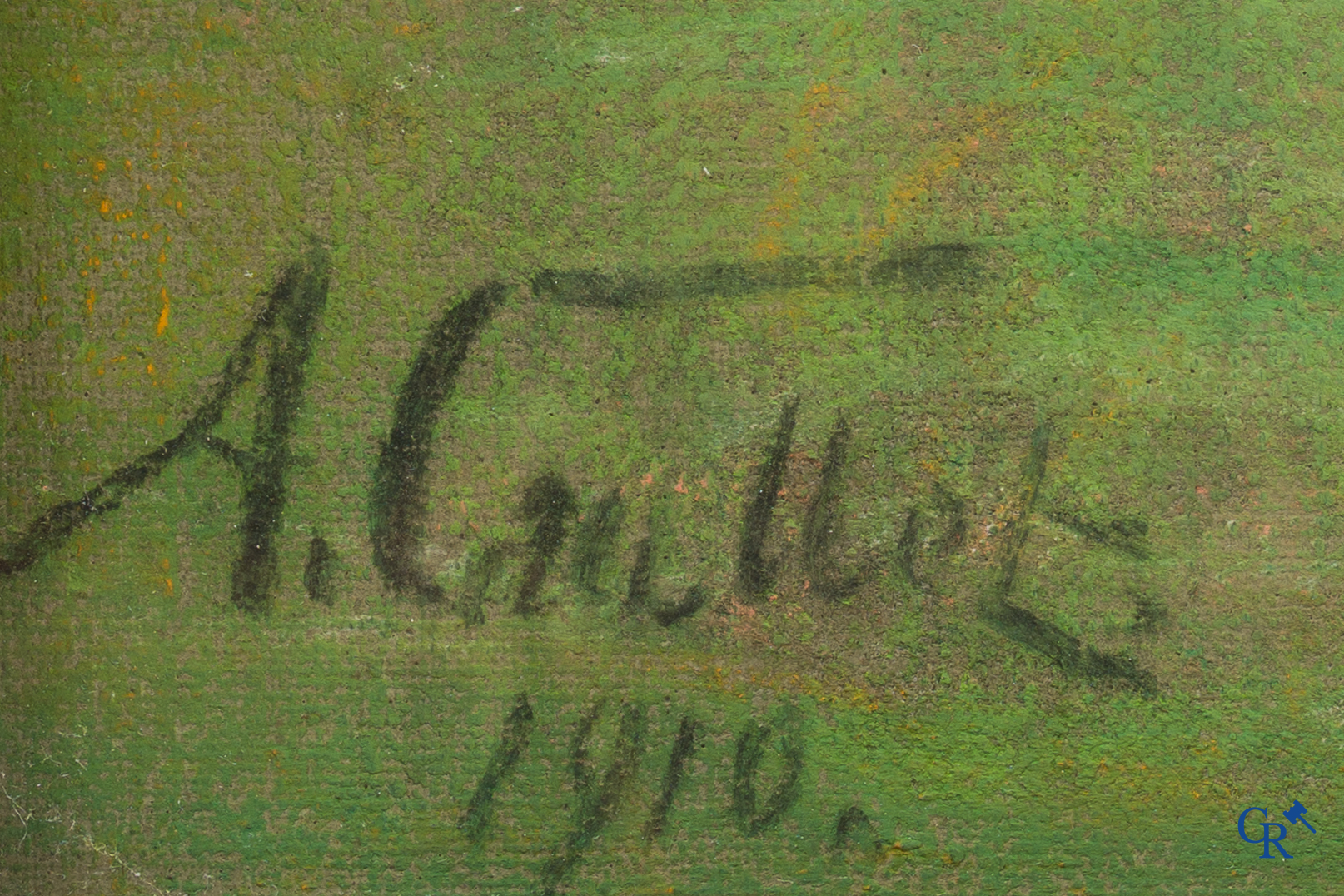 Albert Caullet. 2 ezels bij het hek. Pastelkrijt op doek. Gesigneerd en gedateerd linksonder, A. Caullet 1910.