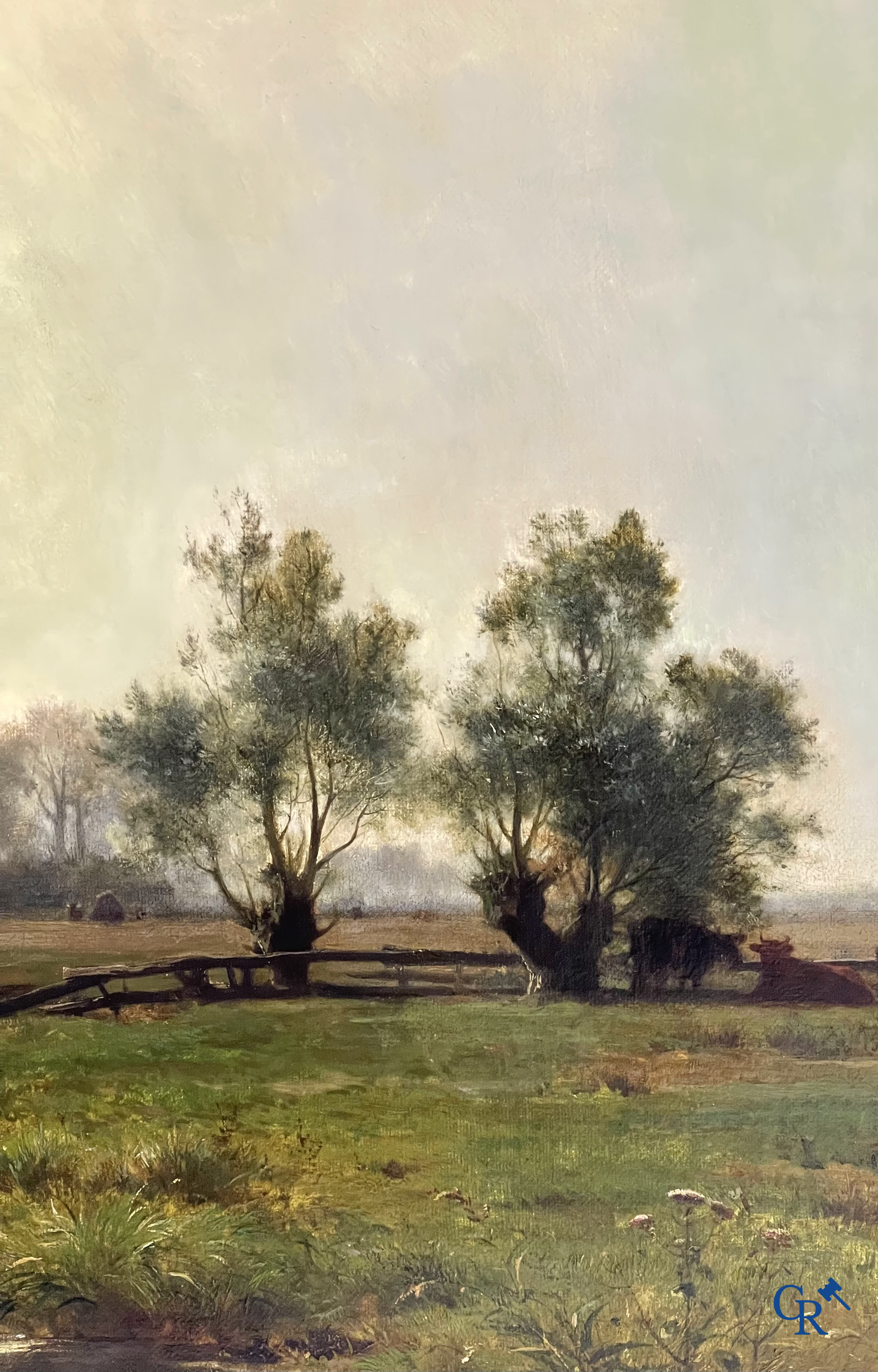 Edmond de Schampheleer (1824-1899) Schilderij, olie op doek. Landschap met koeien langs een rivier.