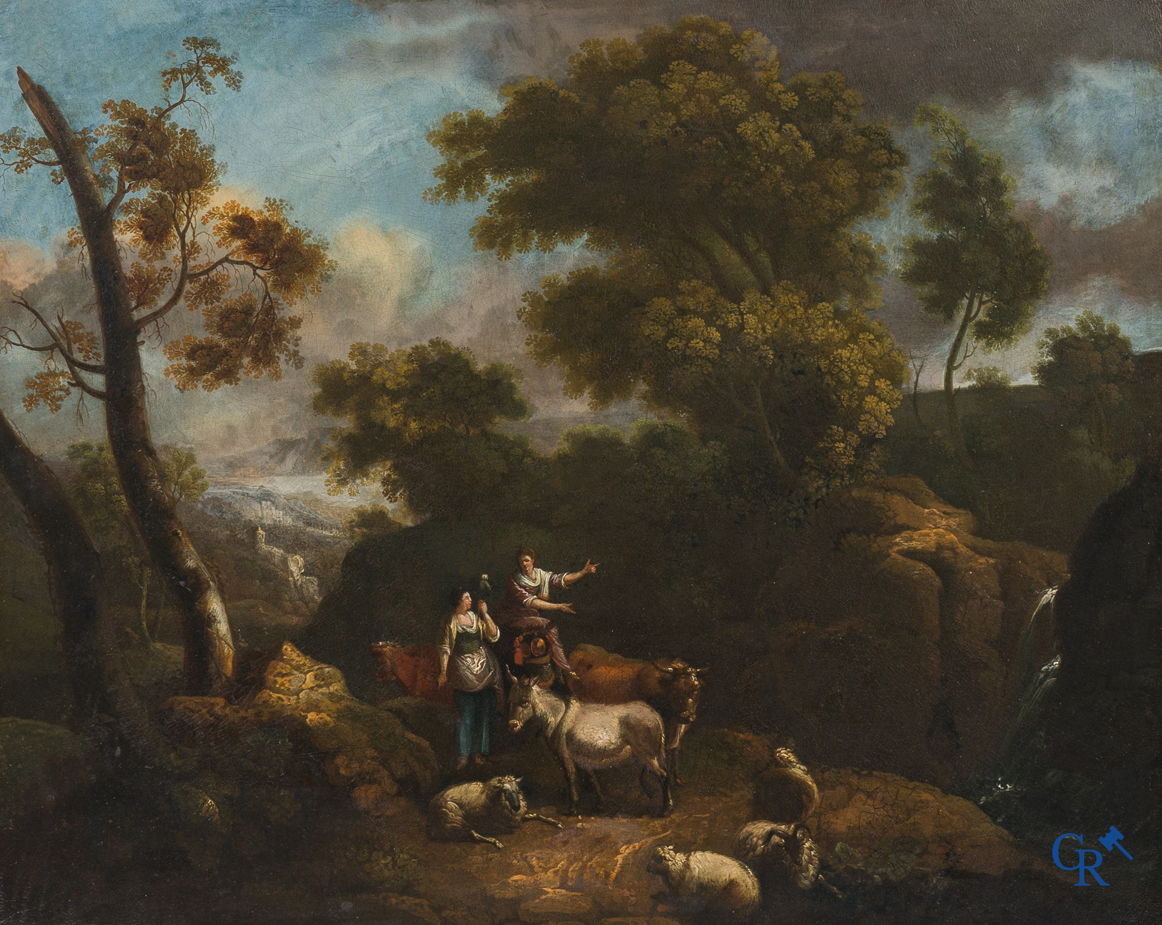 Pastorale scène. Olie op paneel. Geen signatuur merkbaar. 17e eeuw.