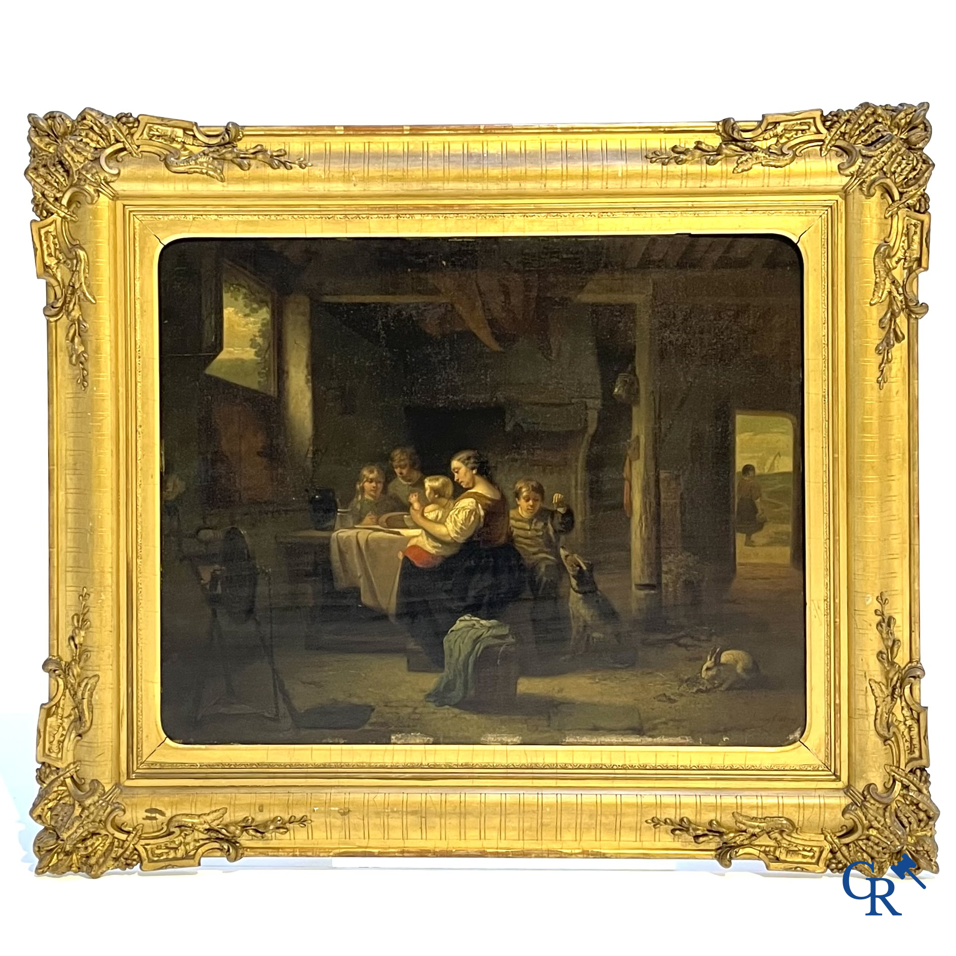 Willem I Linnig (1819-1885) Schilderij, olie op paneel "Het jonge gezin" Gesigneerd en gedateerd 1855.