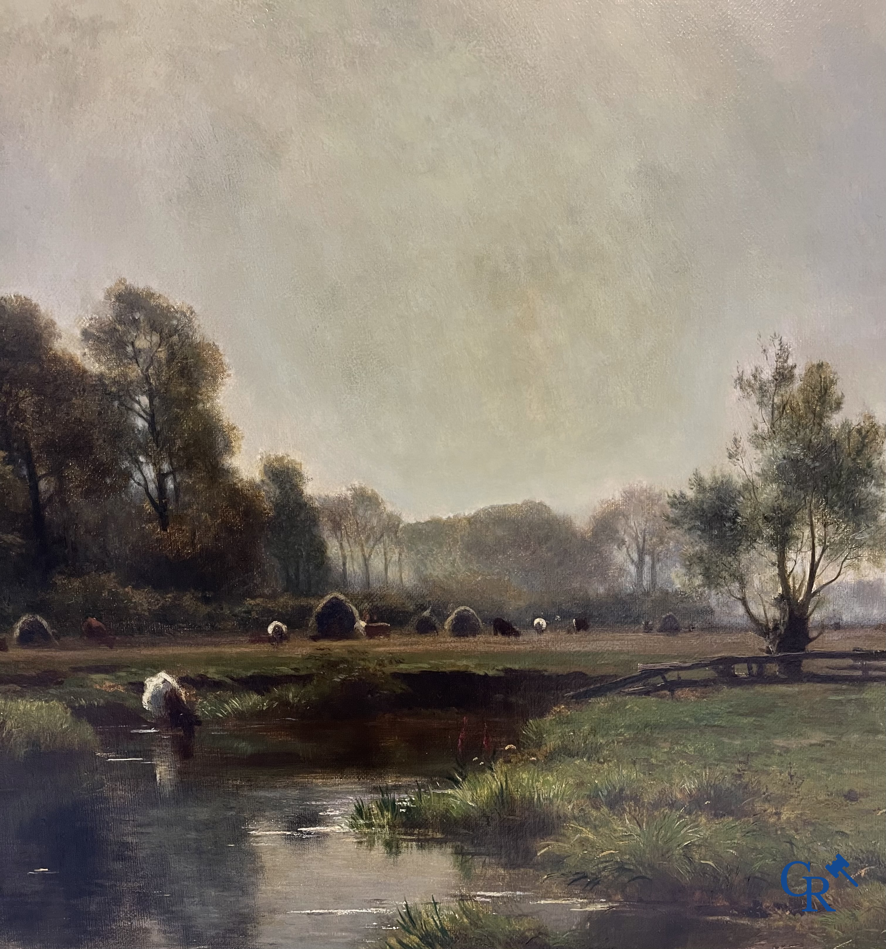Edmond de Schampheleer (1824-1899) Schilderij, olie op doek. Landschap met koeien langs een rivier.