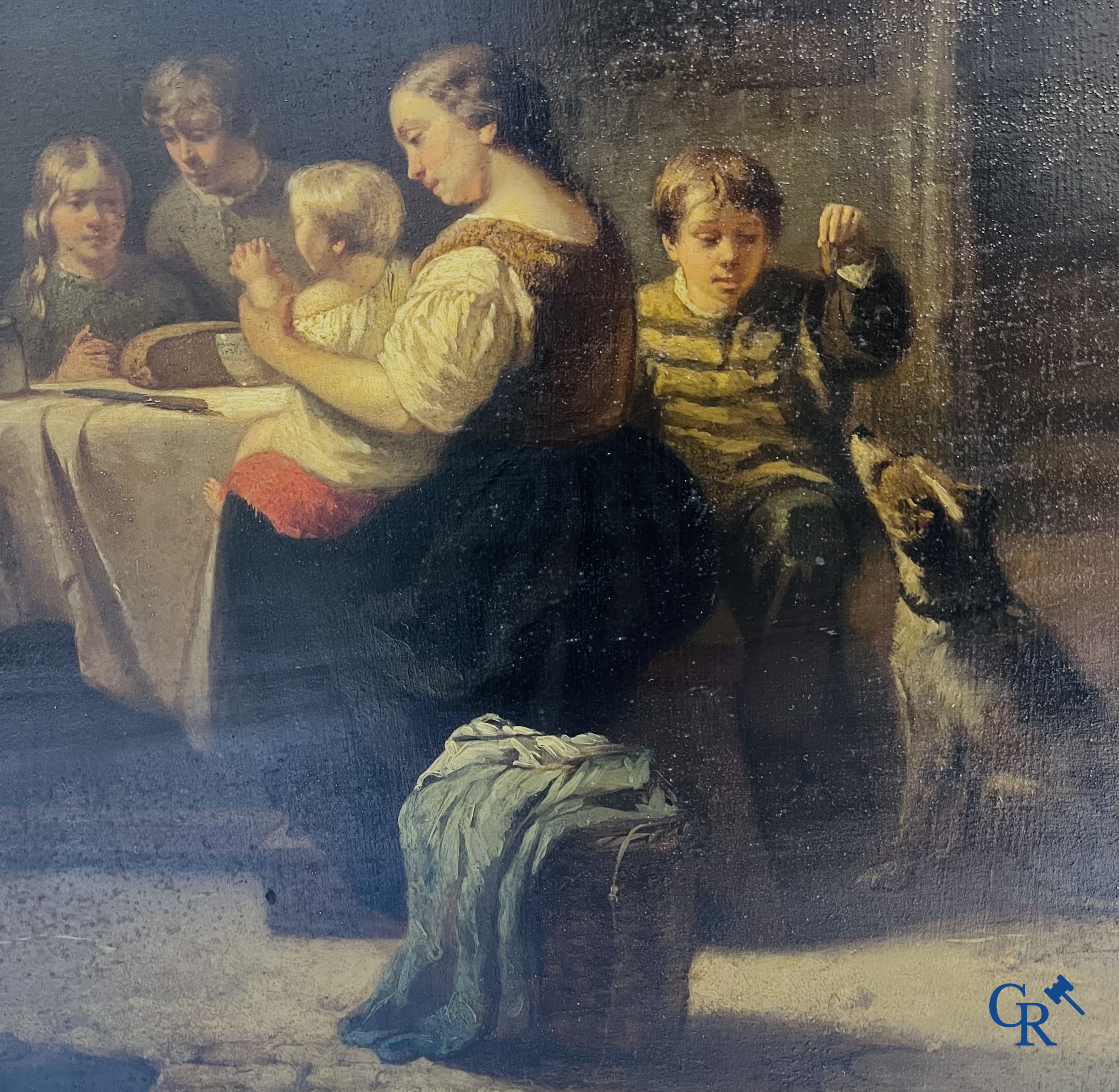 Willem I Linnig (1819-1885) Schilderij, olie op paneel "Het jonge gezin" Gesigneerd en gedateerd 1855.