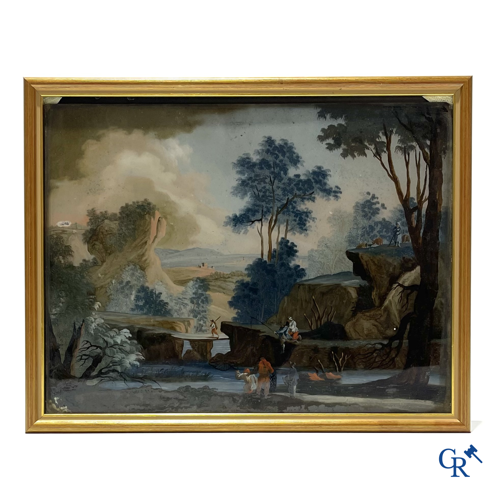 Achterglasschildering of Verre églomisé, Italiaans landschap met een rivier. Italiaanse of Franse school circa 1800.