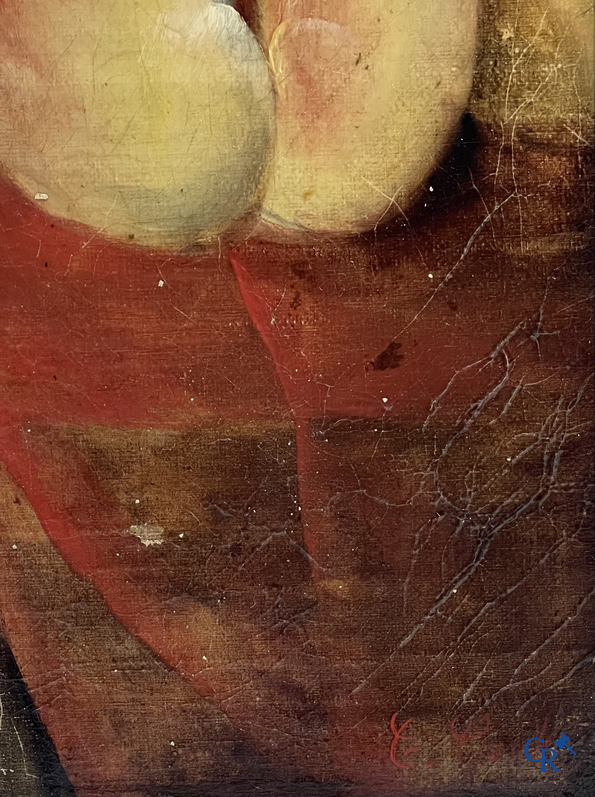 Schilderij. Stilleven met fruit en een kruik. Olie op doek. Onleesbaar gesigneerd. 19e eeuw.