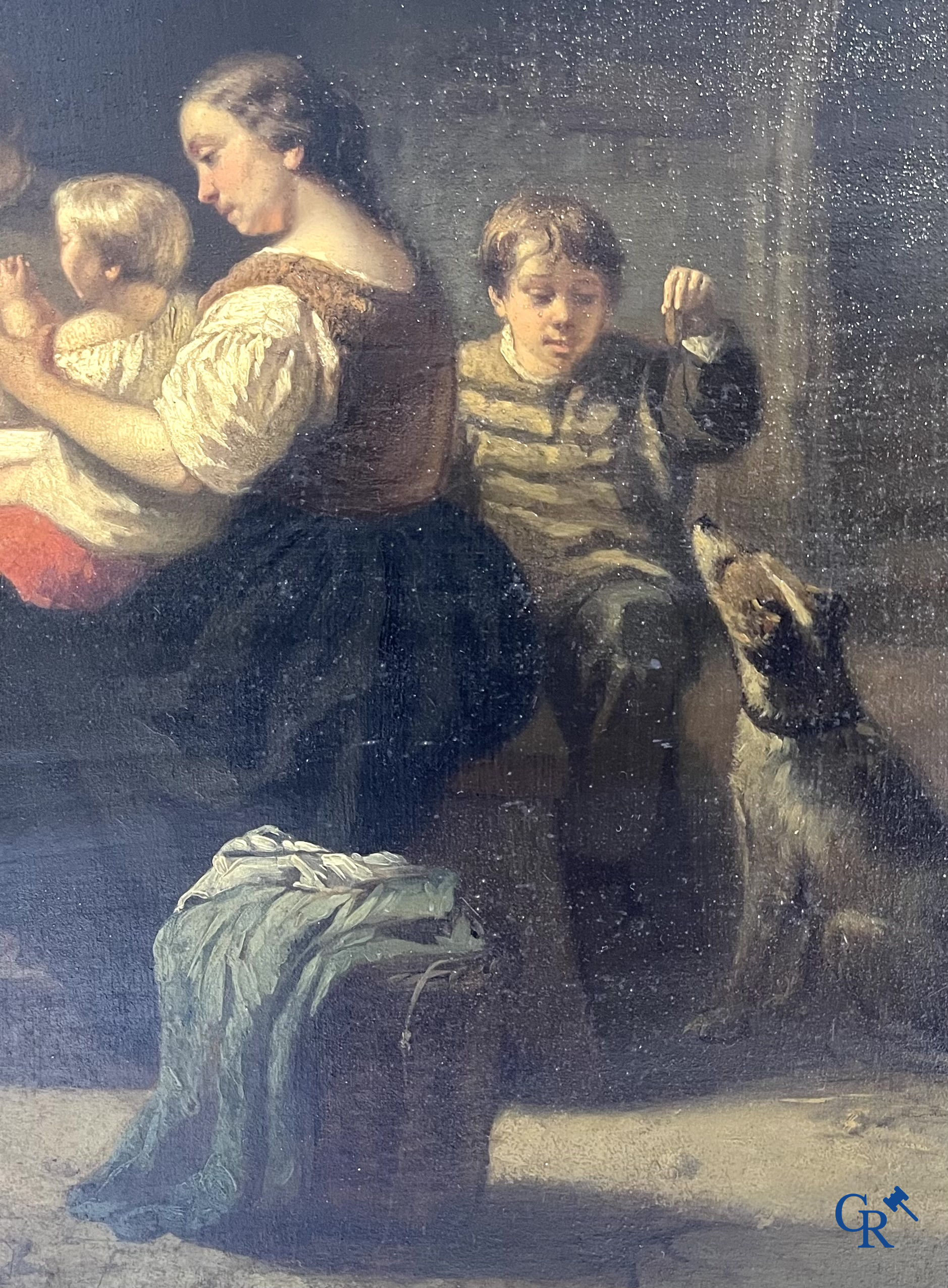 Willem I Linnig (1819-1885) Schilderij, olie op paneel "Het jonge gezin" Gesigneerd en gedateerd 1855.