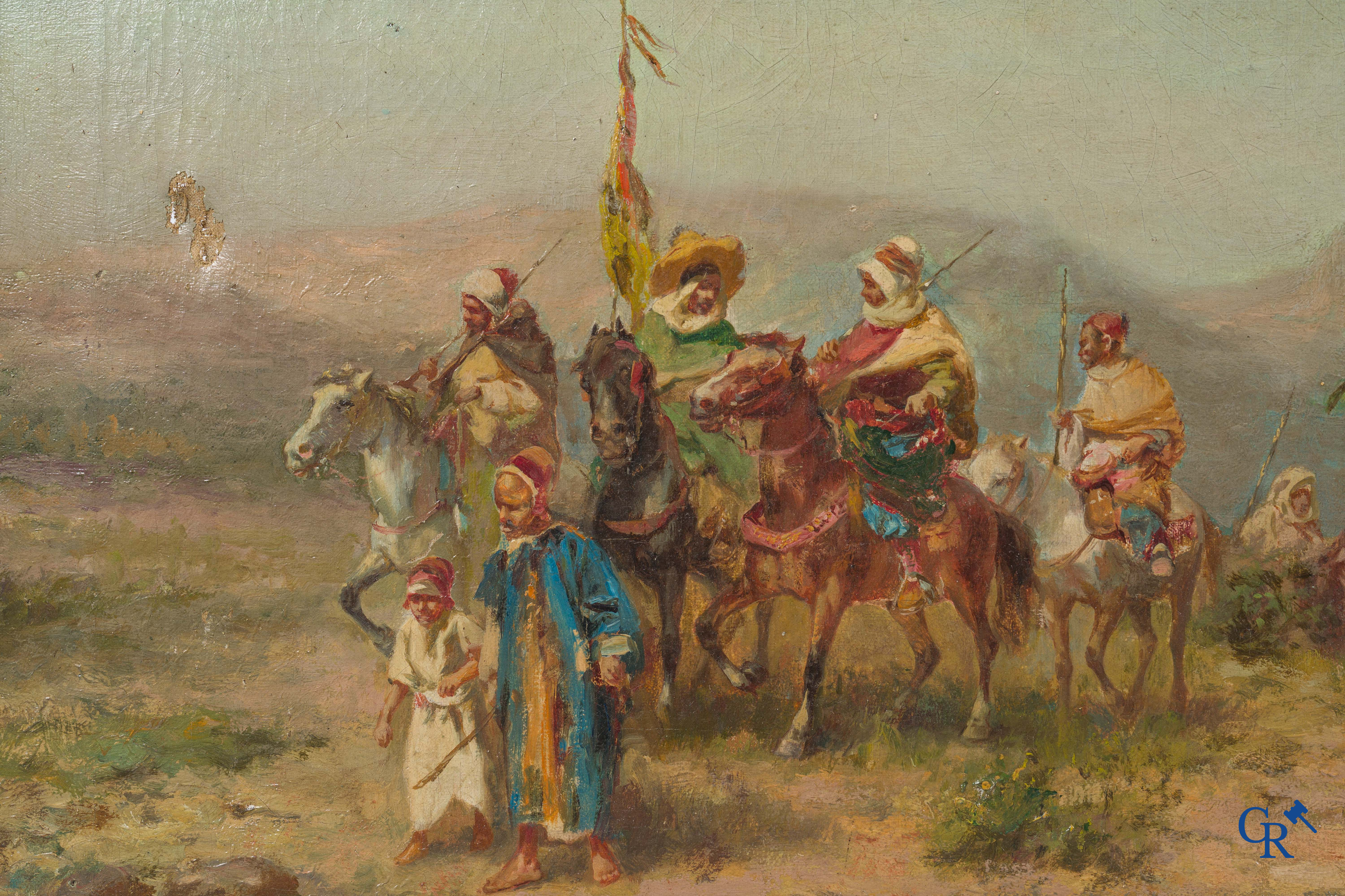 Schilderij. Orientaals zicht met Arabische ruiters en paarden. Olie op doek. Onleesbaar gesigneerd. 19e eeuw.