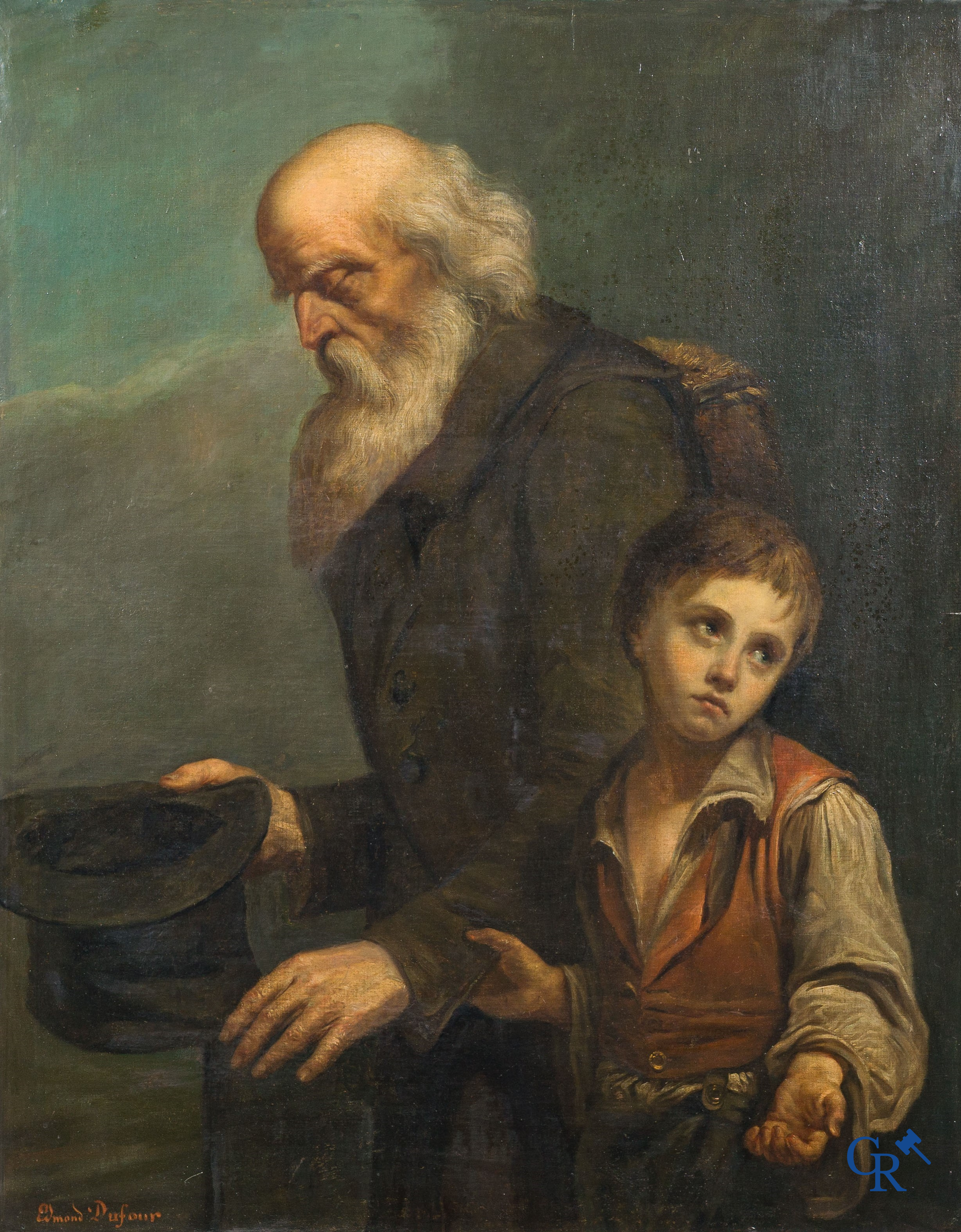 Edmond Dufour. Schilder uit Péronne, Frankrijk. De bedelaars. Schilderij, olie op doek in imposante vergulde lijst.