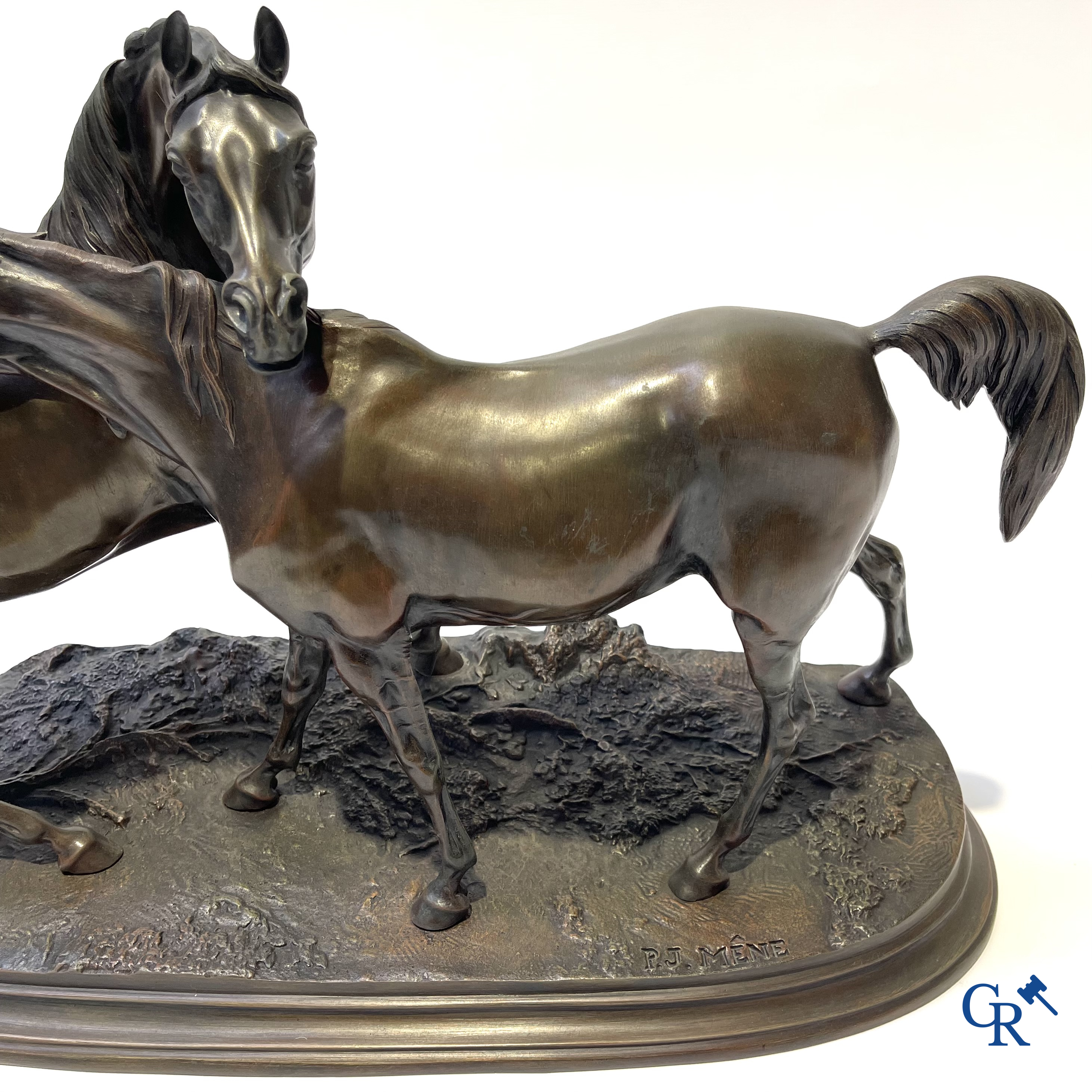 Pierre-Jules Mène (1810-1879) (Naar). L'Accolade, groep met Arabische paarden. Gesigneerd.