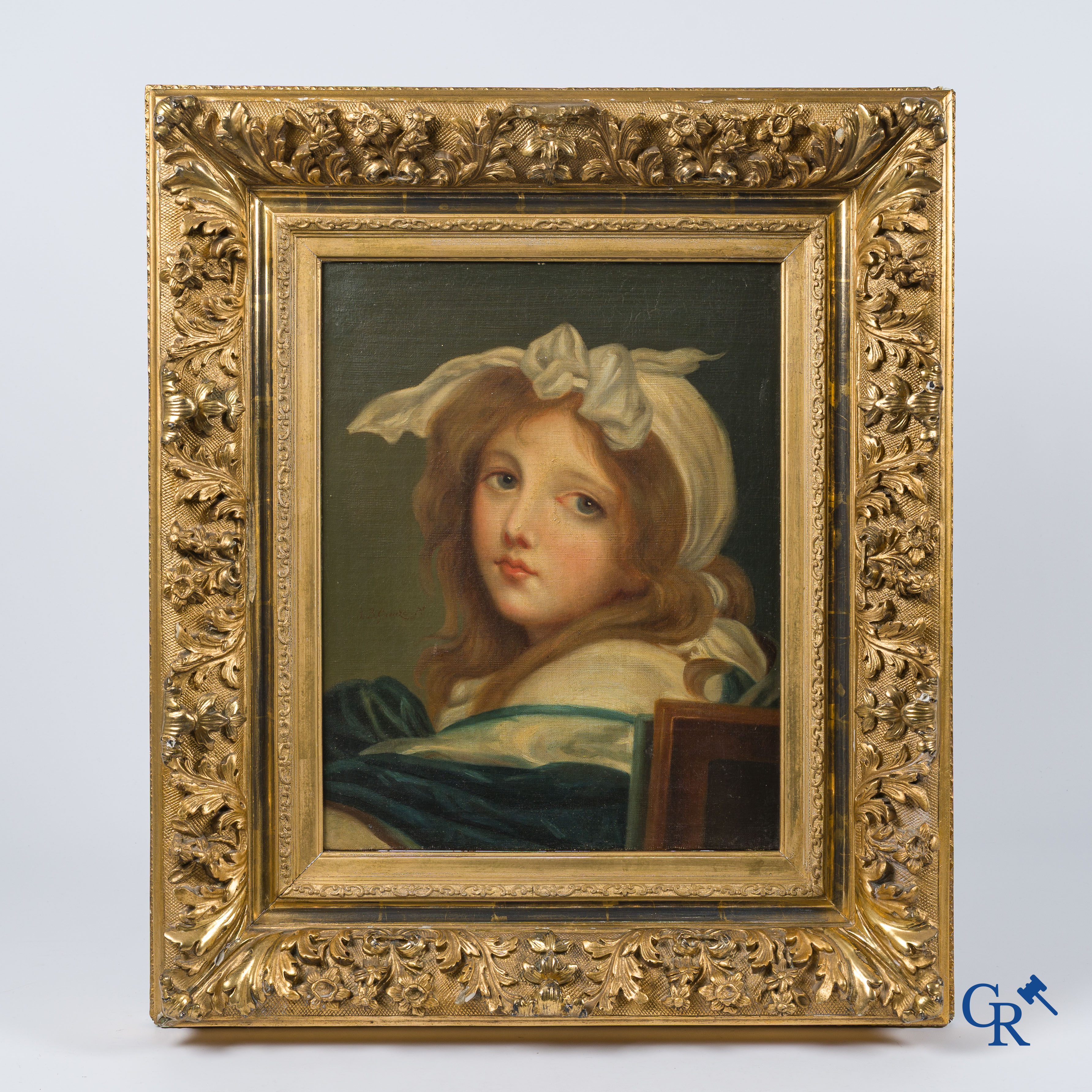 Jean-Baptiste Greuze (1725-1805) (naar) Schilderij, romantisch portret. Mooie vergulde lijst. Olie op doek.