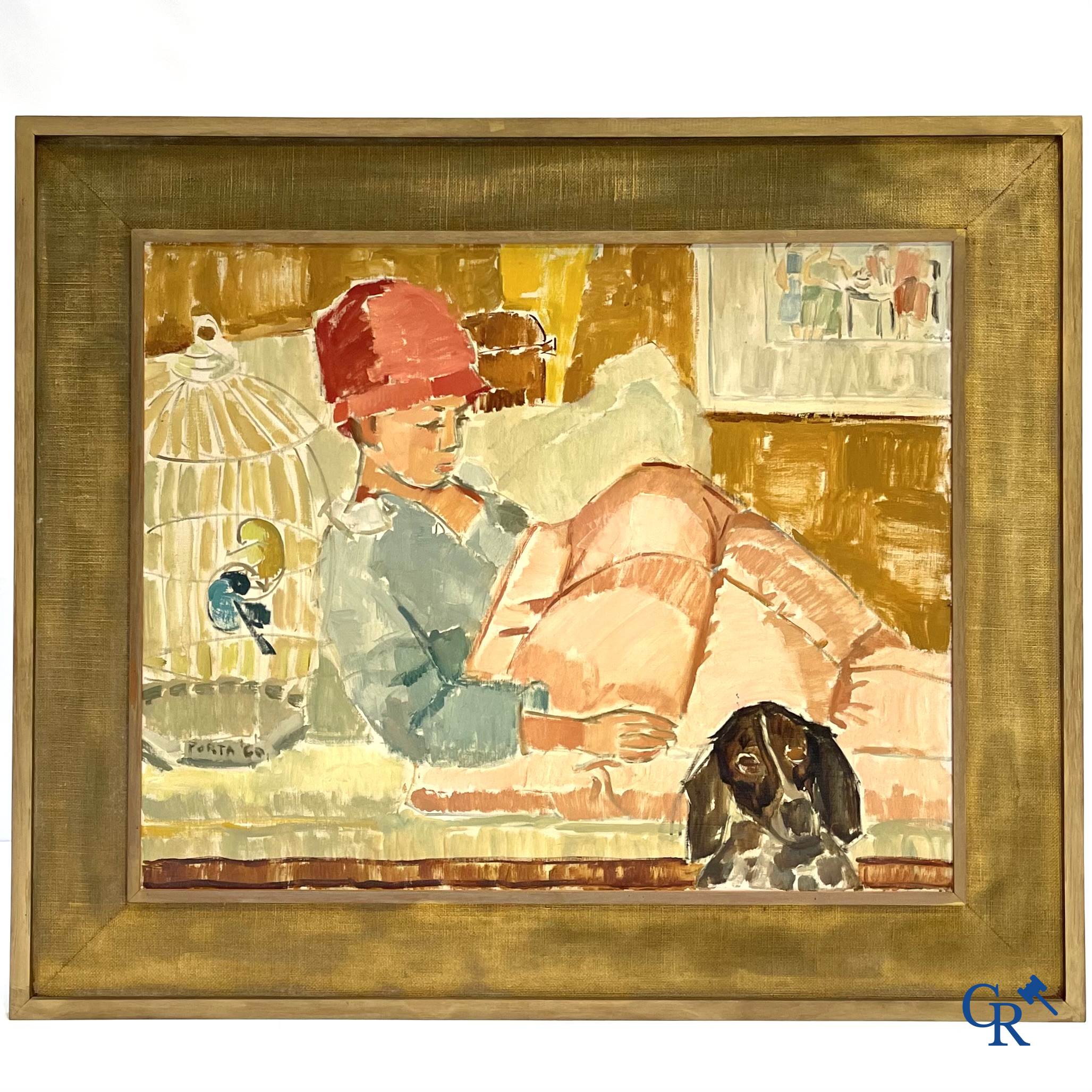 Meisje met rode hoed en hond. Schilderij, olie op doek. Onleesbaar gesigneerd en gedateerd.