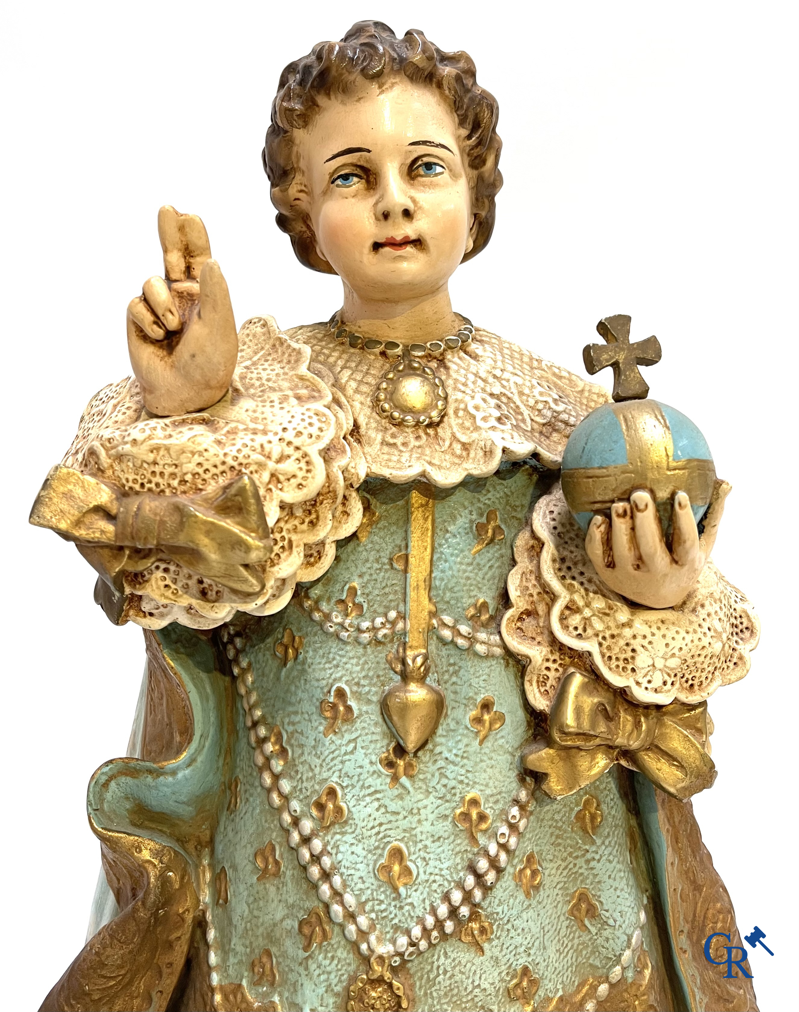 Religieuze objecten. 4 plaaster heiligbeelden. St. Judas, getroonde Christus, Nicolaas van Myra, Jezus van Praag.