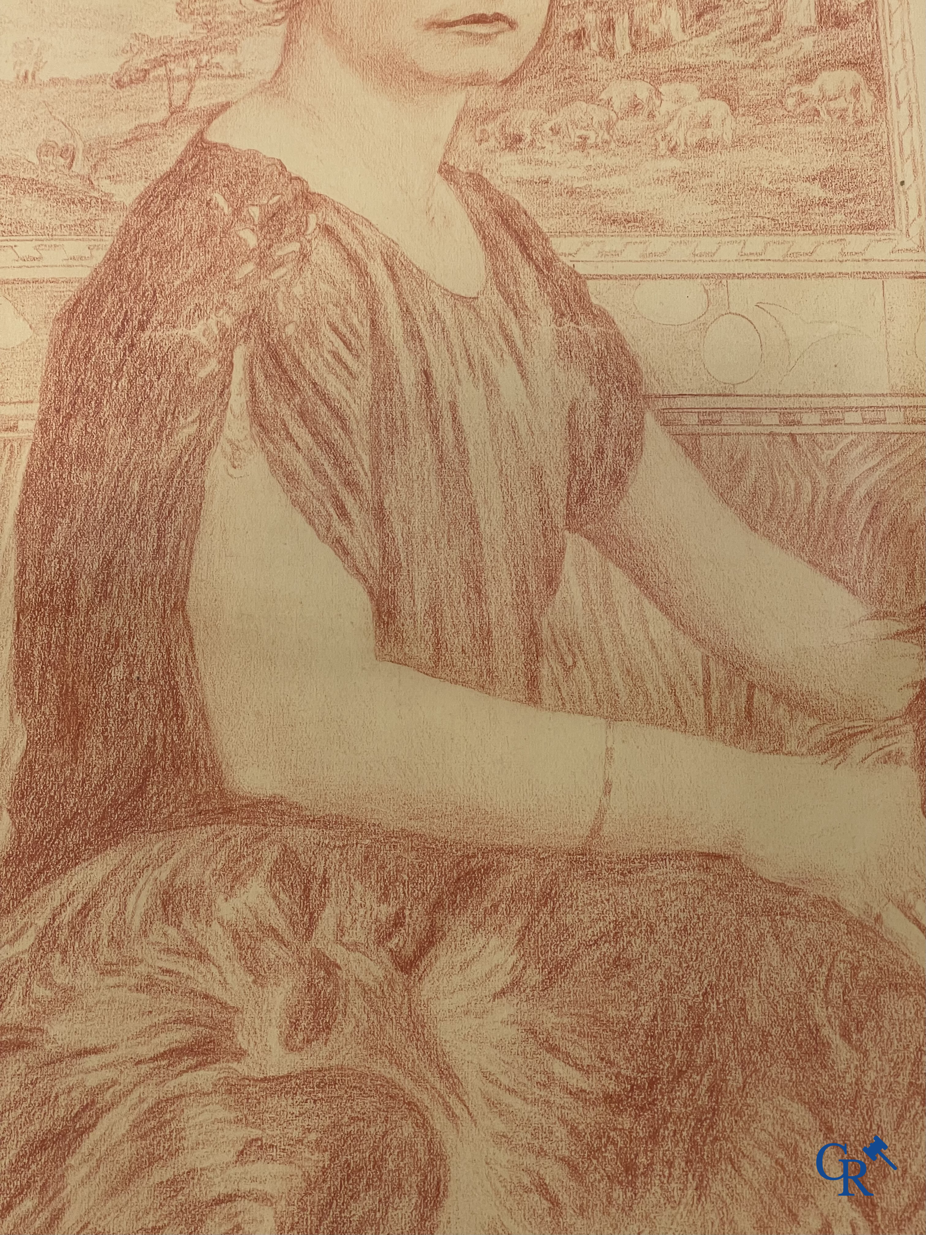 Théo Van Rysselberghe (1862-1926) Portret van een dame met honden. Rood krijt op papier. Gedateerd 1915.