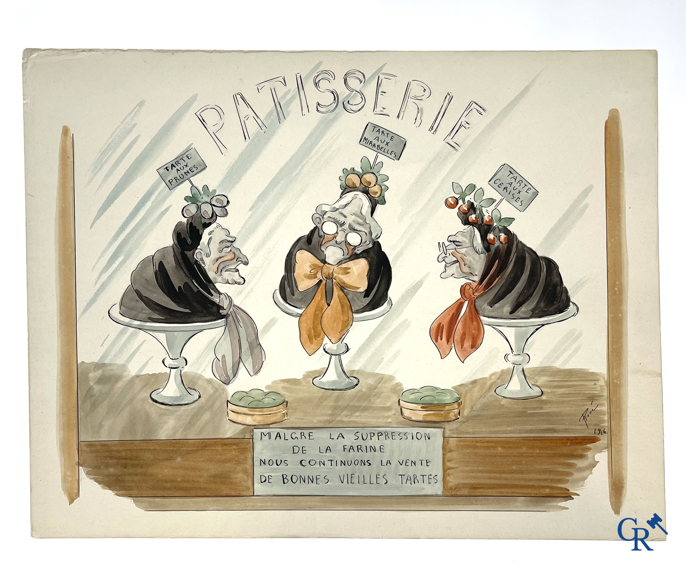 René de Pauw (1887-1946) 3 karikaturen i.v.m. wereldoorlog I. Oost Indische inkt en aquarel op papier.