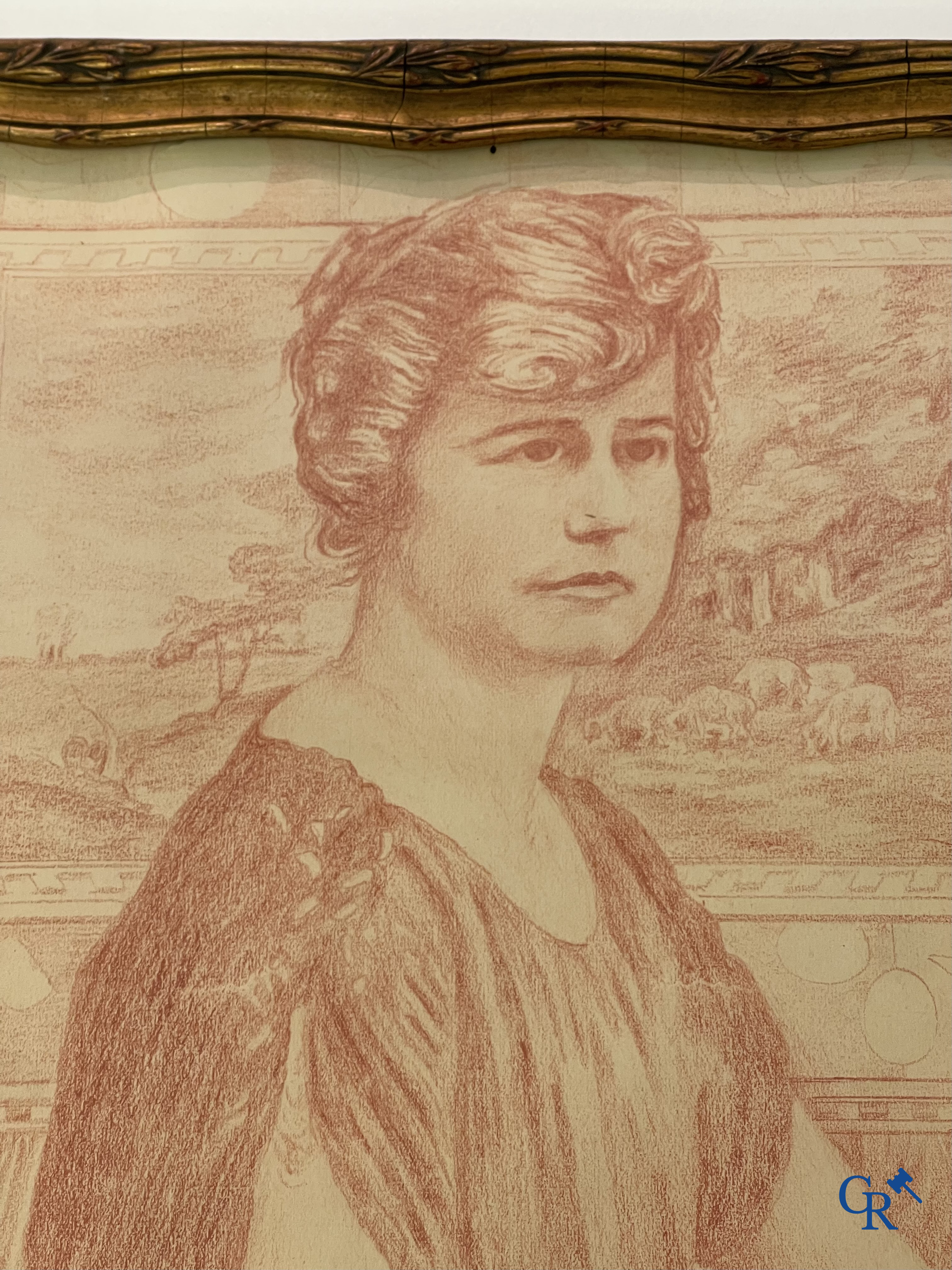 Théo Van Rysselberghe (1862-1926) Portret van een dame met honden. Rood krijt op papier. Gedateerd 1915.