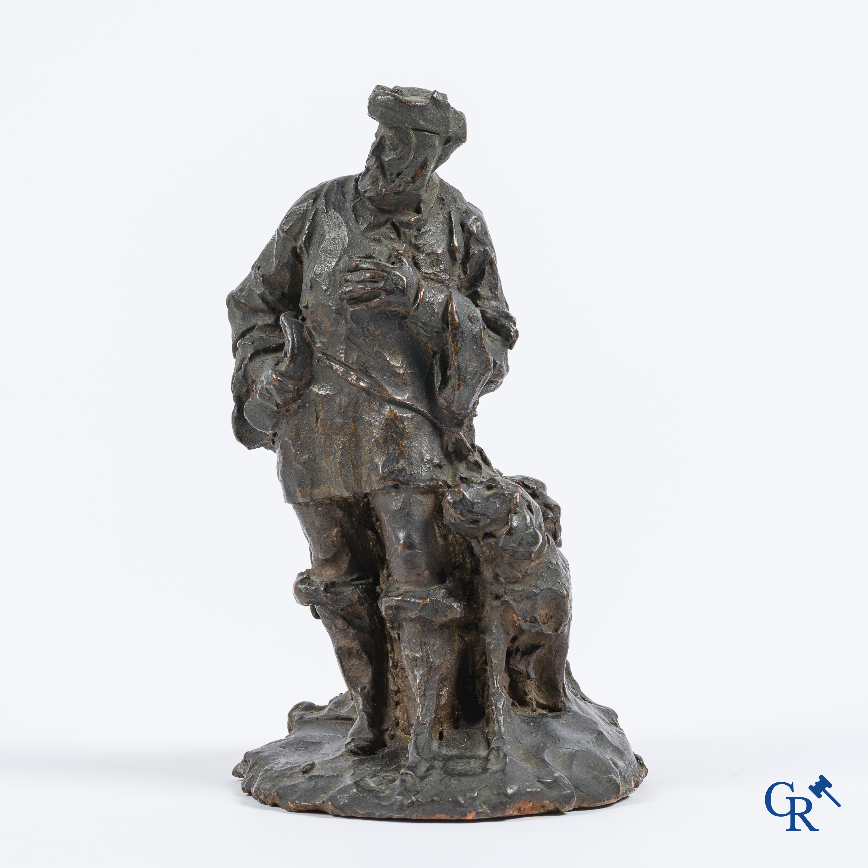Esquisse (schets) in terra cotta van een jager met hond. Niet gesigneerd. 19e eeuw.