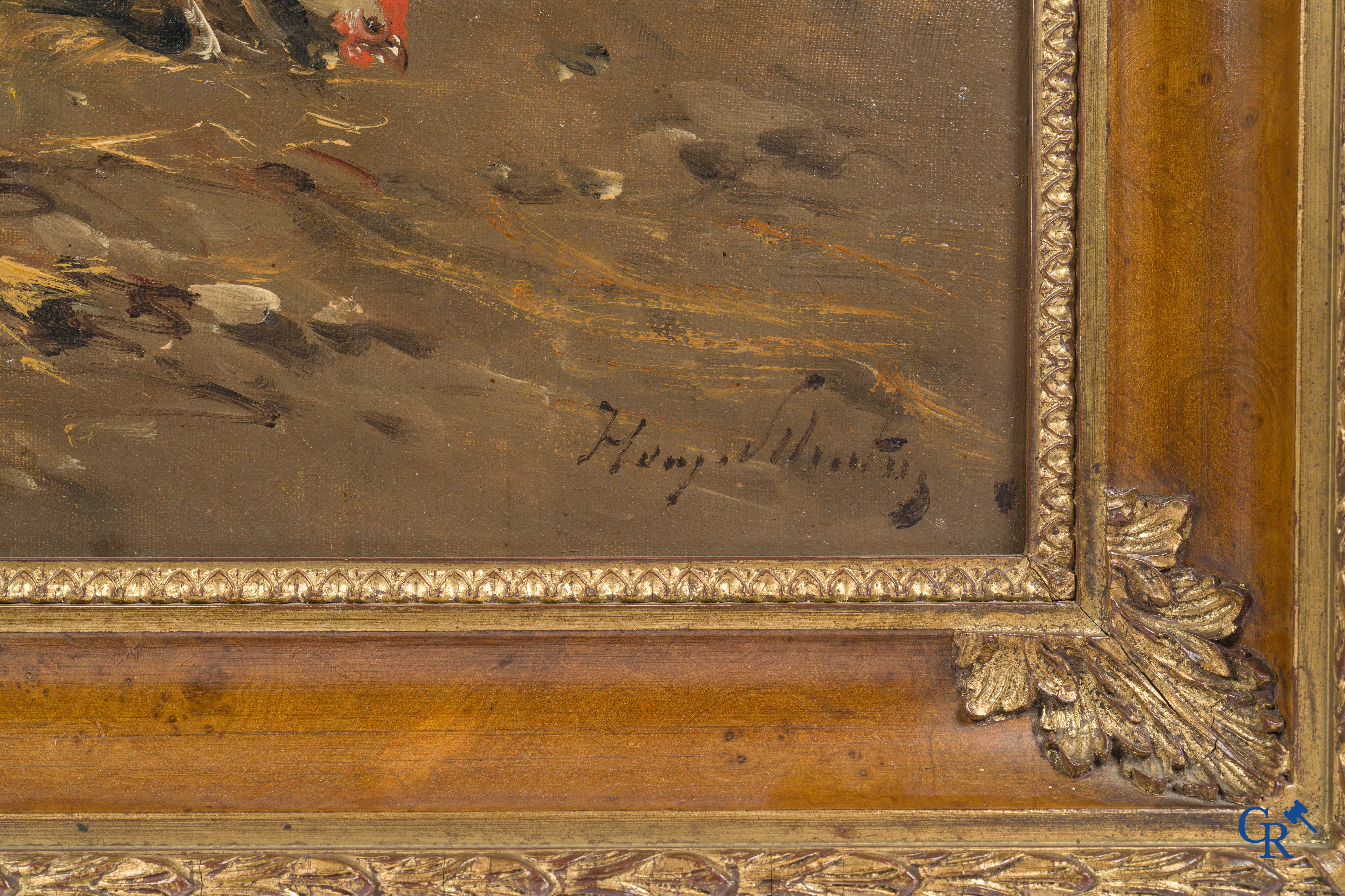 Henry Schouten. Paarden en kippen in een stal. Olie op doek. Gesigneerd rechtsonder.