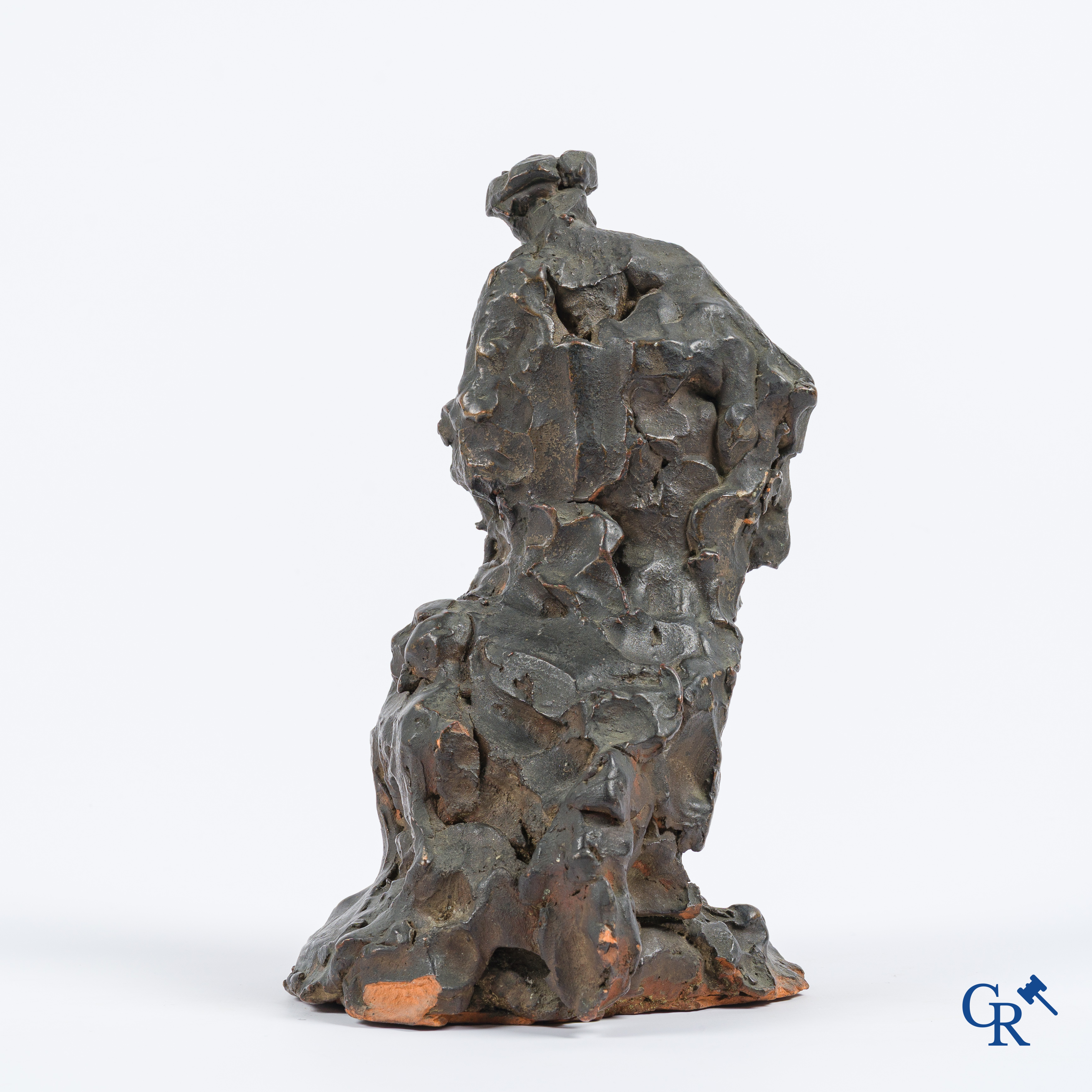 Esquisse (schets) in terra cotta van een jager met hond. Niet gesigneerd. 19e eeuw.