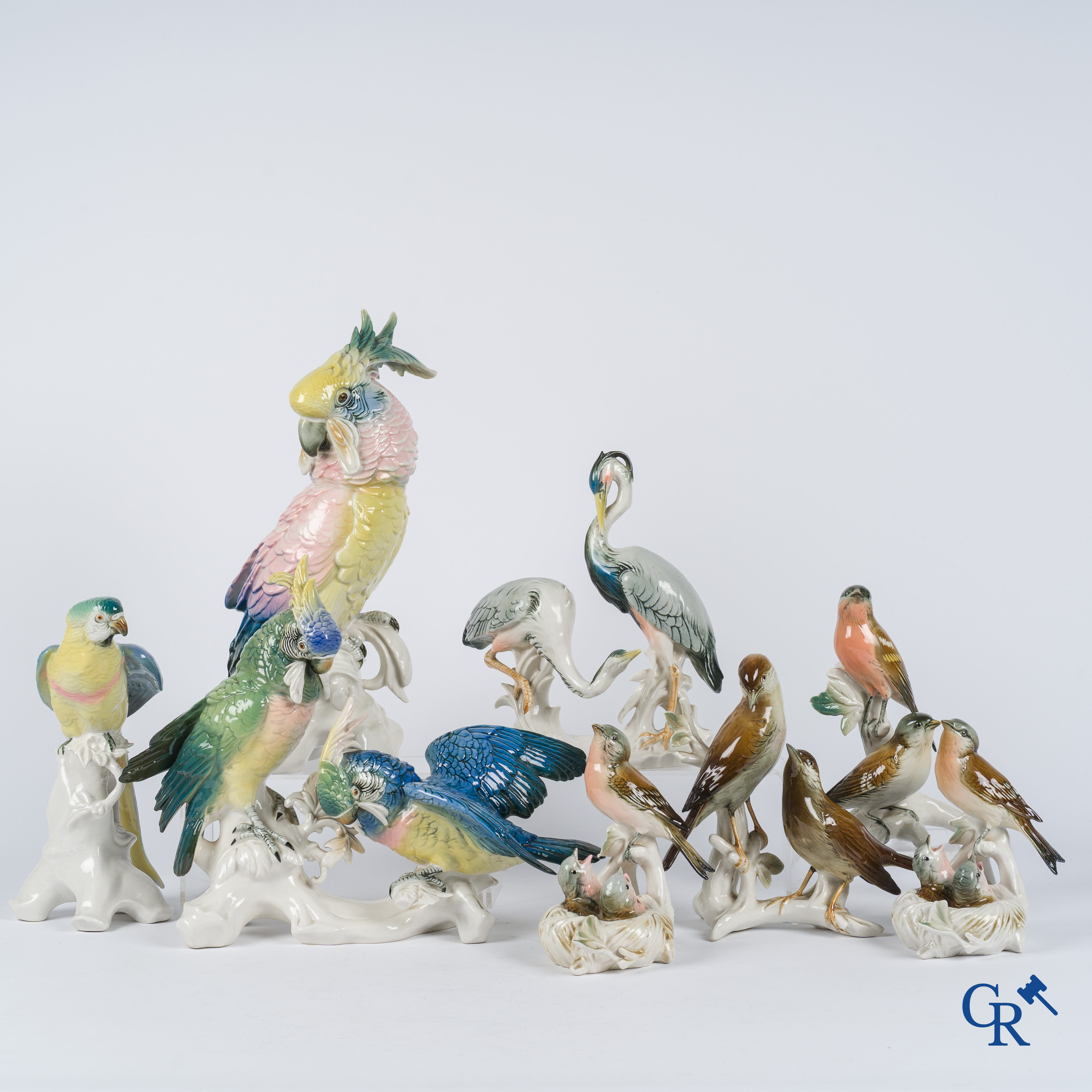 Karl Ens Volkstedt. Groot lot met diverse vogelsoorten in fijn Duits porselein. Gemerkt.