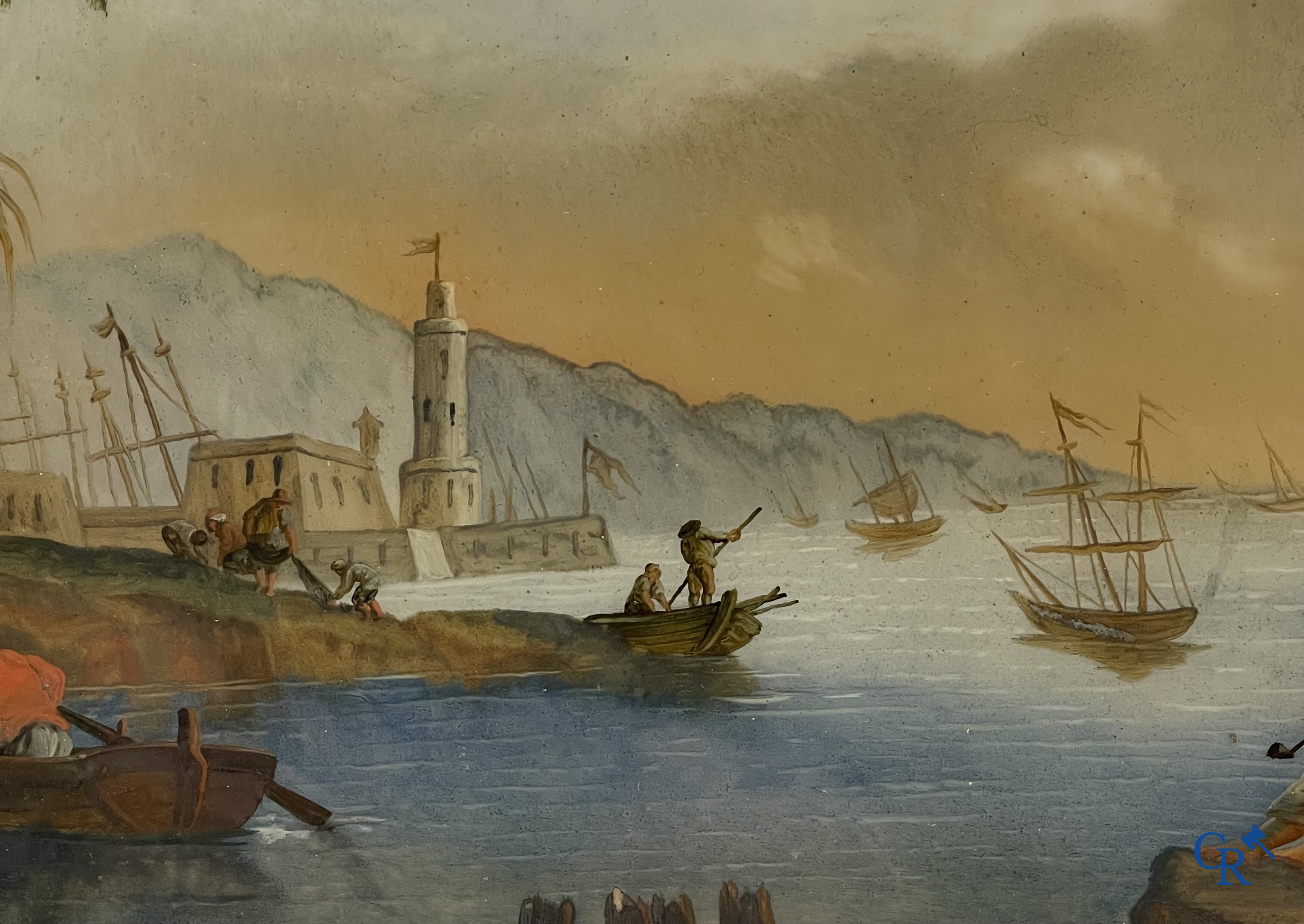 Achterglasschildering of Verre églomisé in de stijl van Claude Joseph Vernet. Italiaanse of Franse school circa 1800.