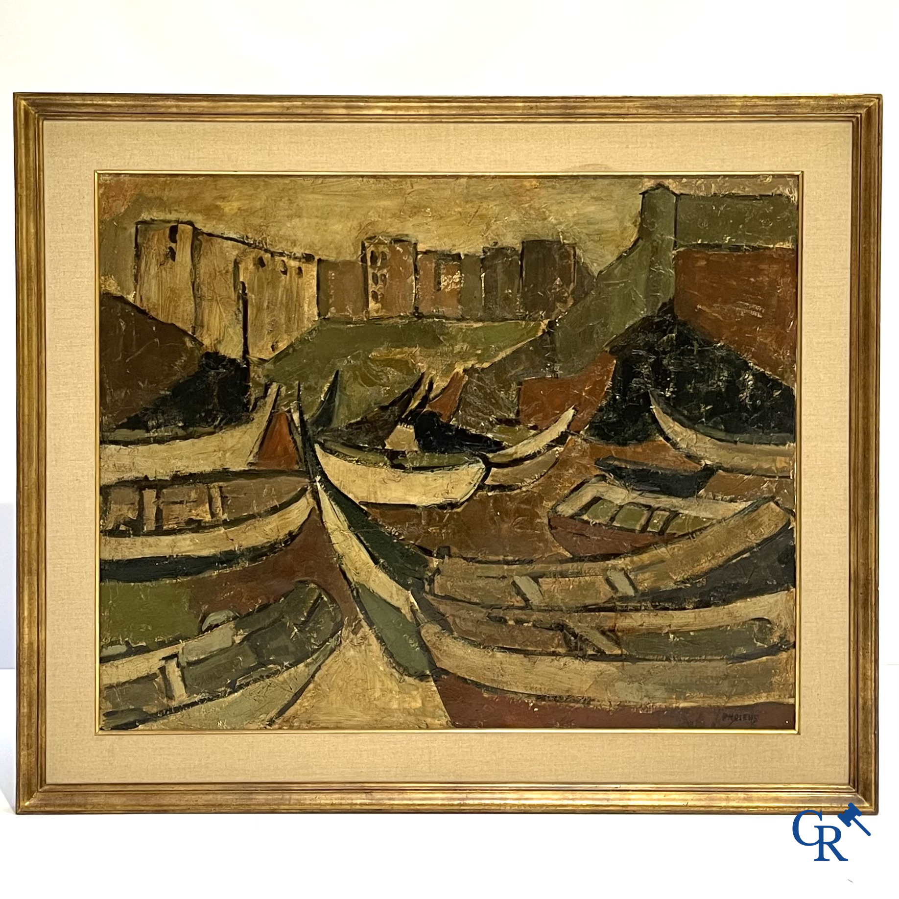 Paule Nolens (1924) Havenzicht. Olie op doek. Gesigneerd rechtsonder.