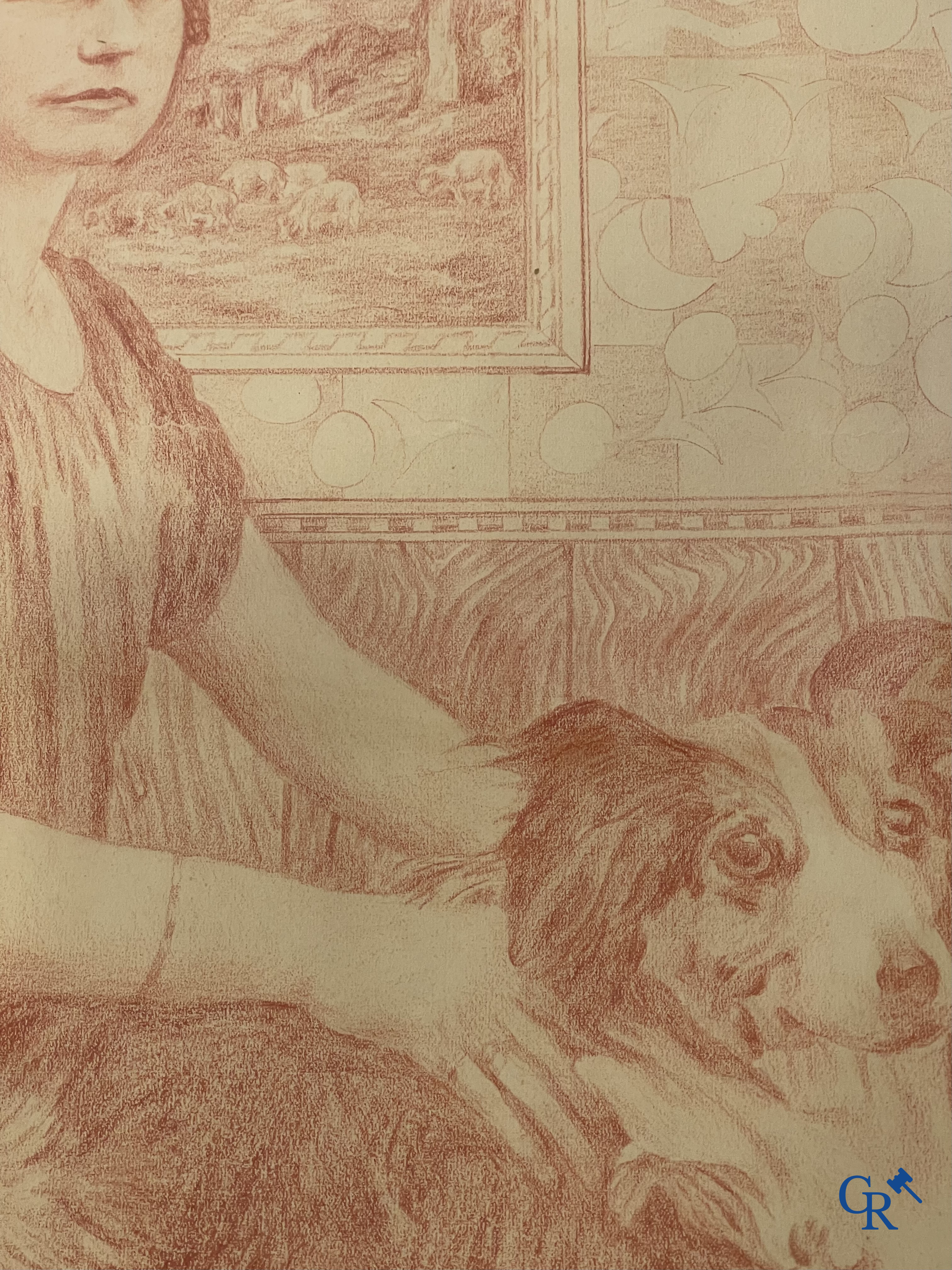 Théo Van Rysselberghe (1862-1926) Portret van een dame met honden. Rood krijt op papier. Gedateerd 1915.
