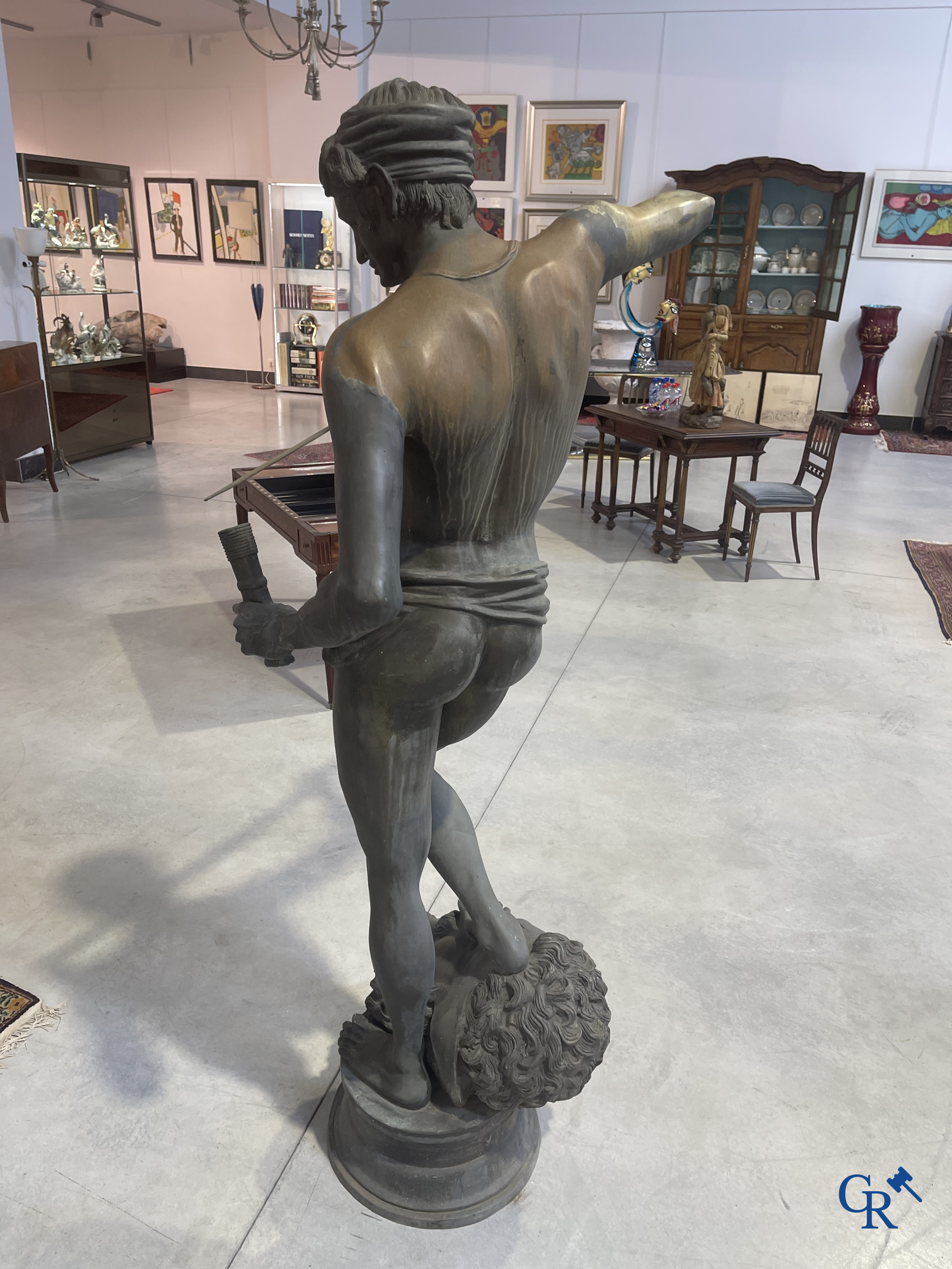 Antonin Mercié (naar) Levensgroot bronzen beeld. David en Goliath. Gesigneerd A. Mercie. 20ste eeuw.