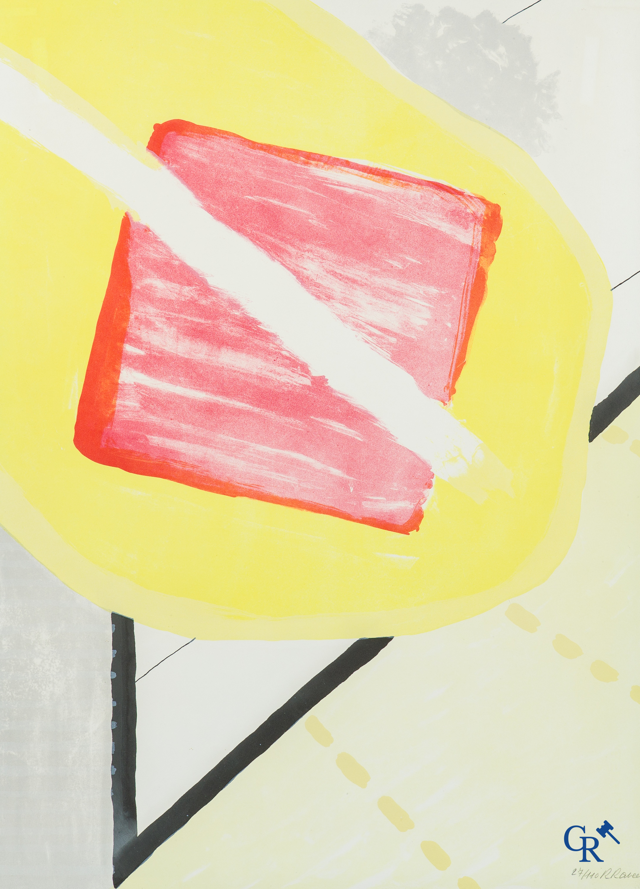 Roger Raveel. Kleurenlithografie, De schilderijenoptocht van 1978 te Machelen aan-de-Leie. 1979, genummerd 27/110.