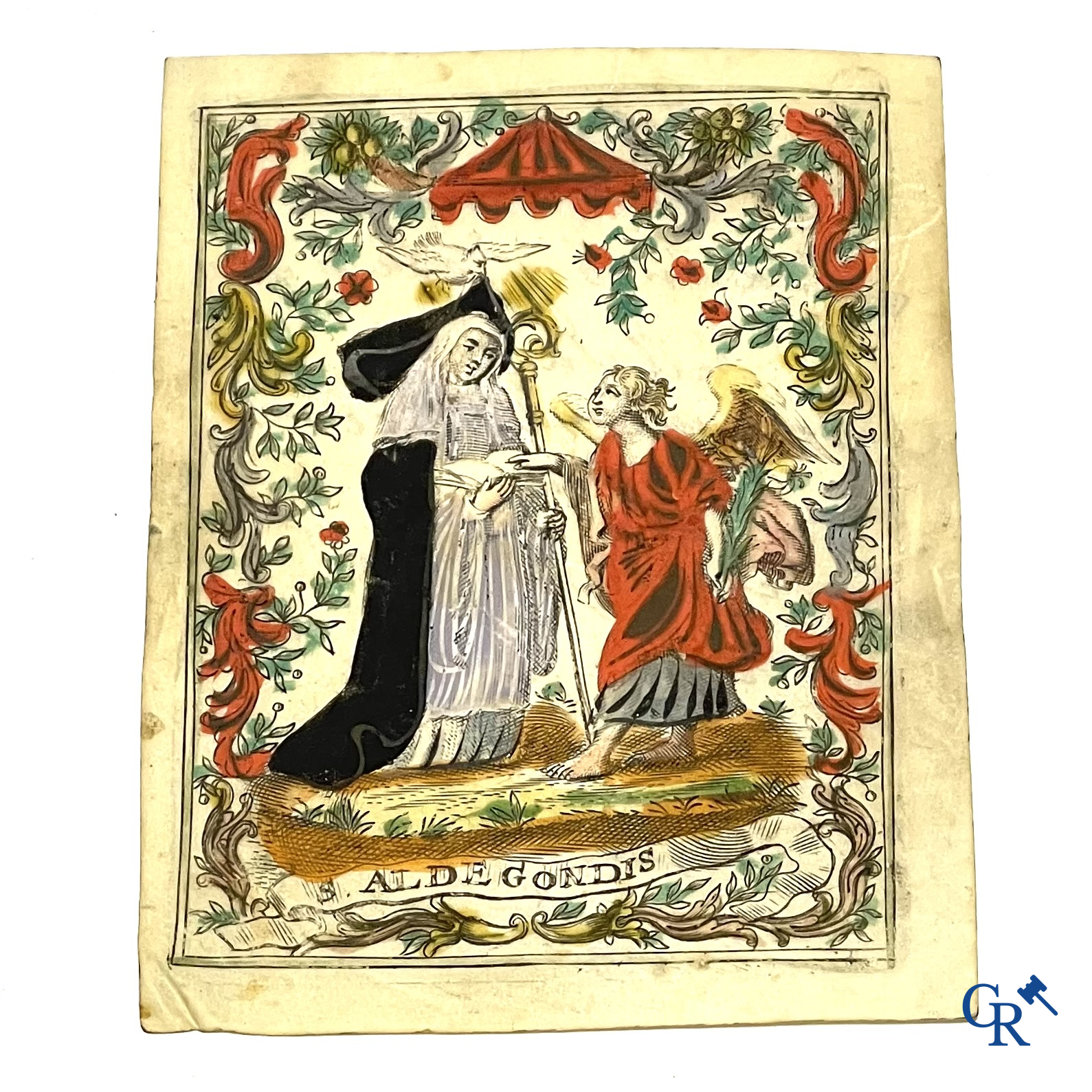 Religieuze objecten. 5 devotie prenten. Kopergravure op vergé papier en velijn aangevuld met kleur. 18e eeuw.