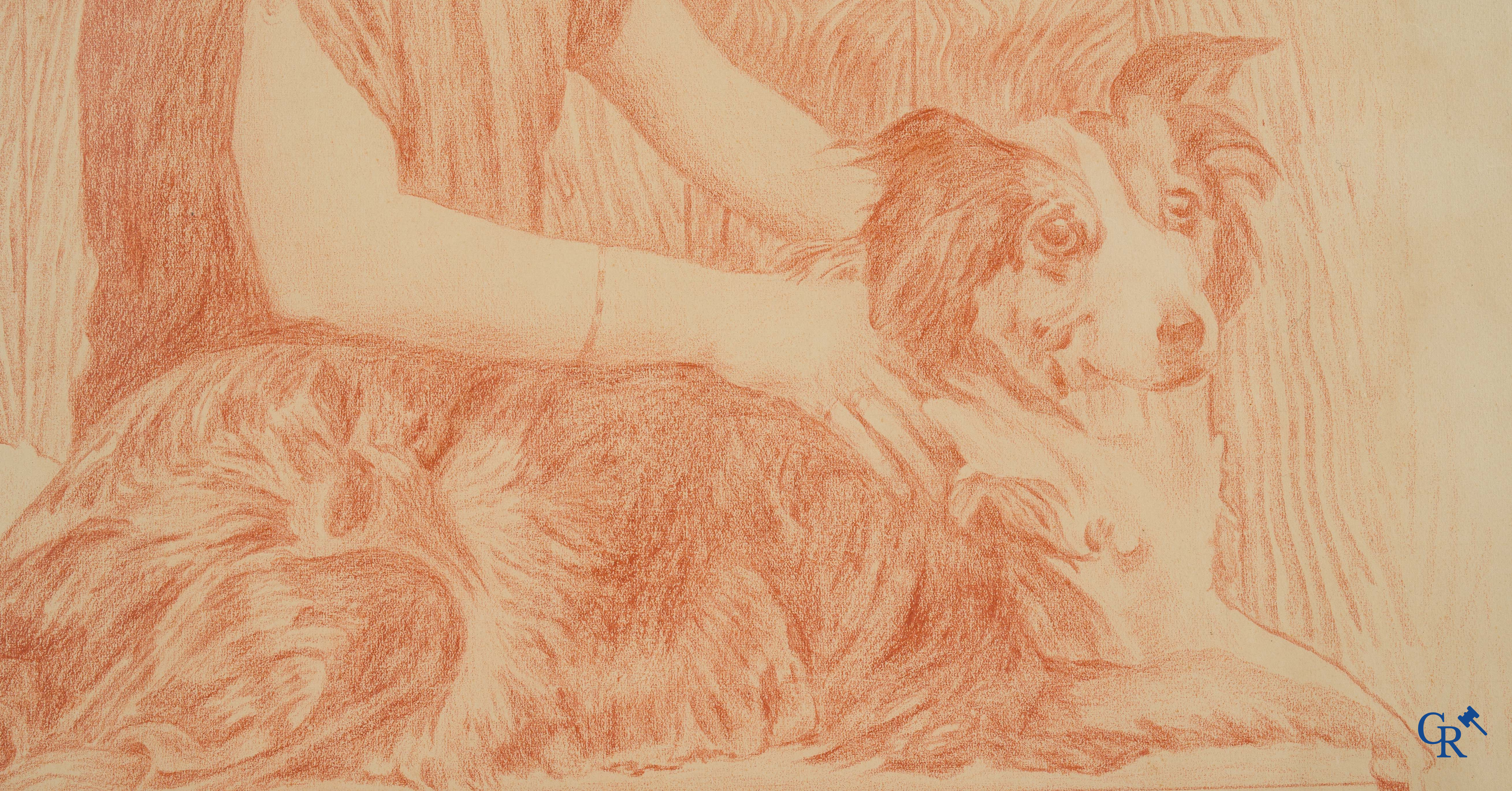 Théo Van Rysselberghe (1862-1926) Portret van een dame met honden. Rood krijt op papier. Gedateerd 1915.