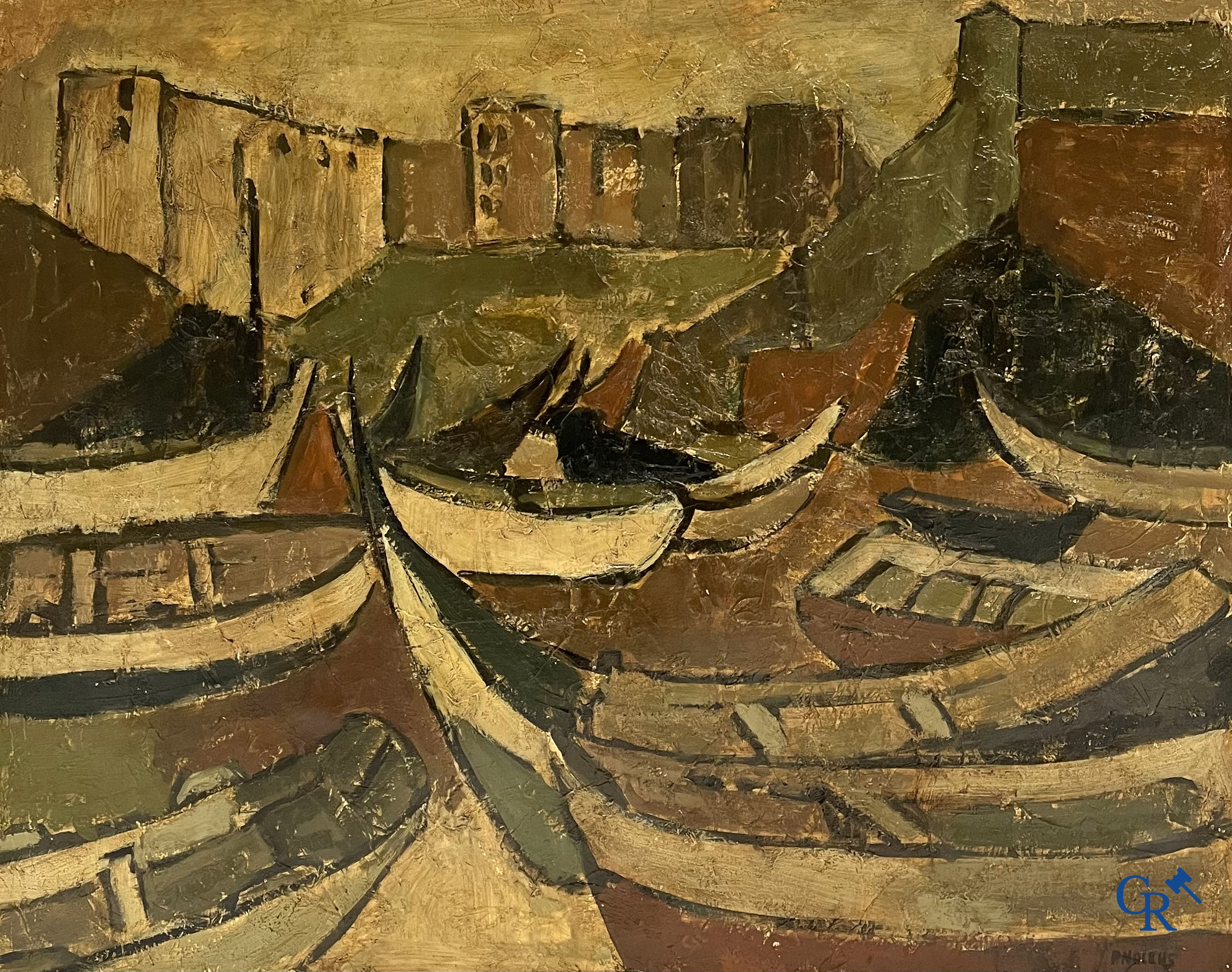 Paule Nolens (1924) Havenzicht. Olie op doek. Gesigneerd rechtsonder.