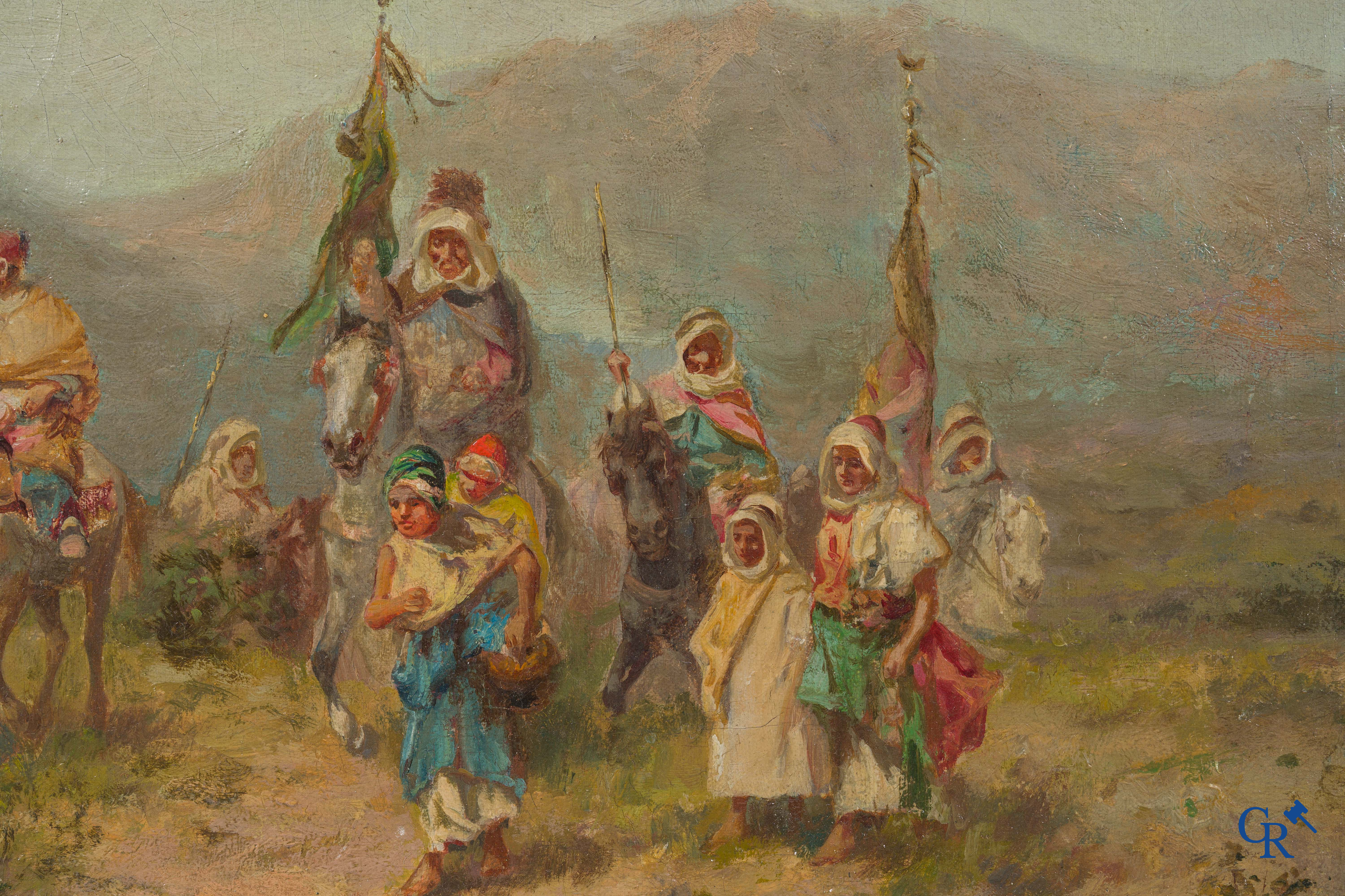 Schilderij. Orientaals zicht met Arabische ruiters en paarden. Olie op doek. Onleesbaar gesigneerd. 19e eeuw.