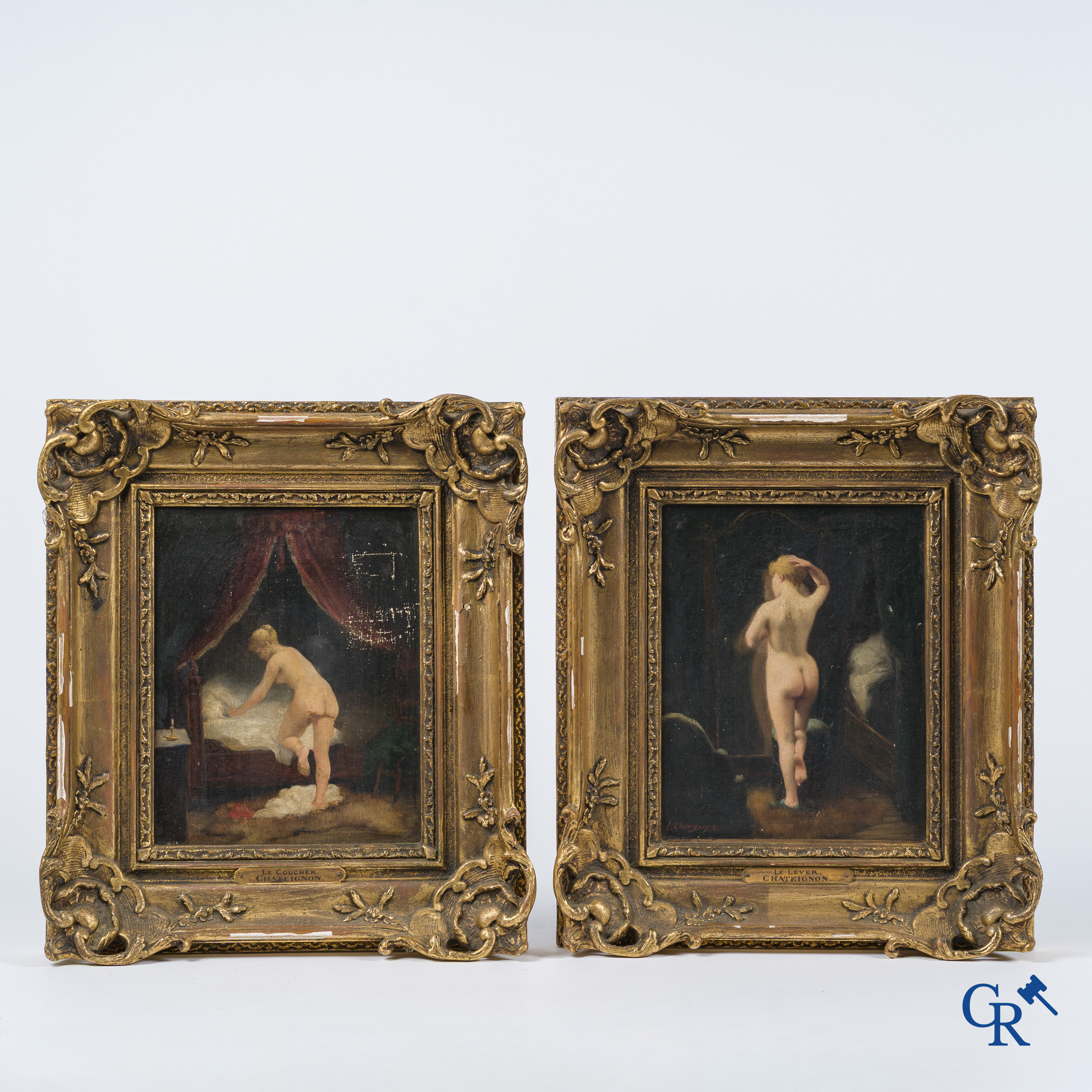 Ernest Chateignon (1863-1910) "Le Lever" en "Le Coucher" Pendant, olie op doek. 1 werk gesigneerd en gedateerd 1888.