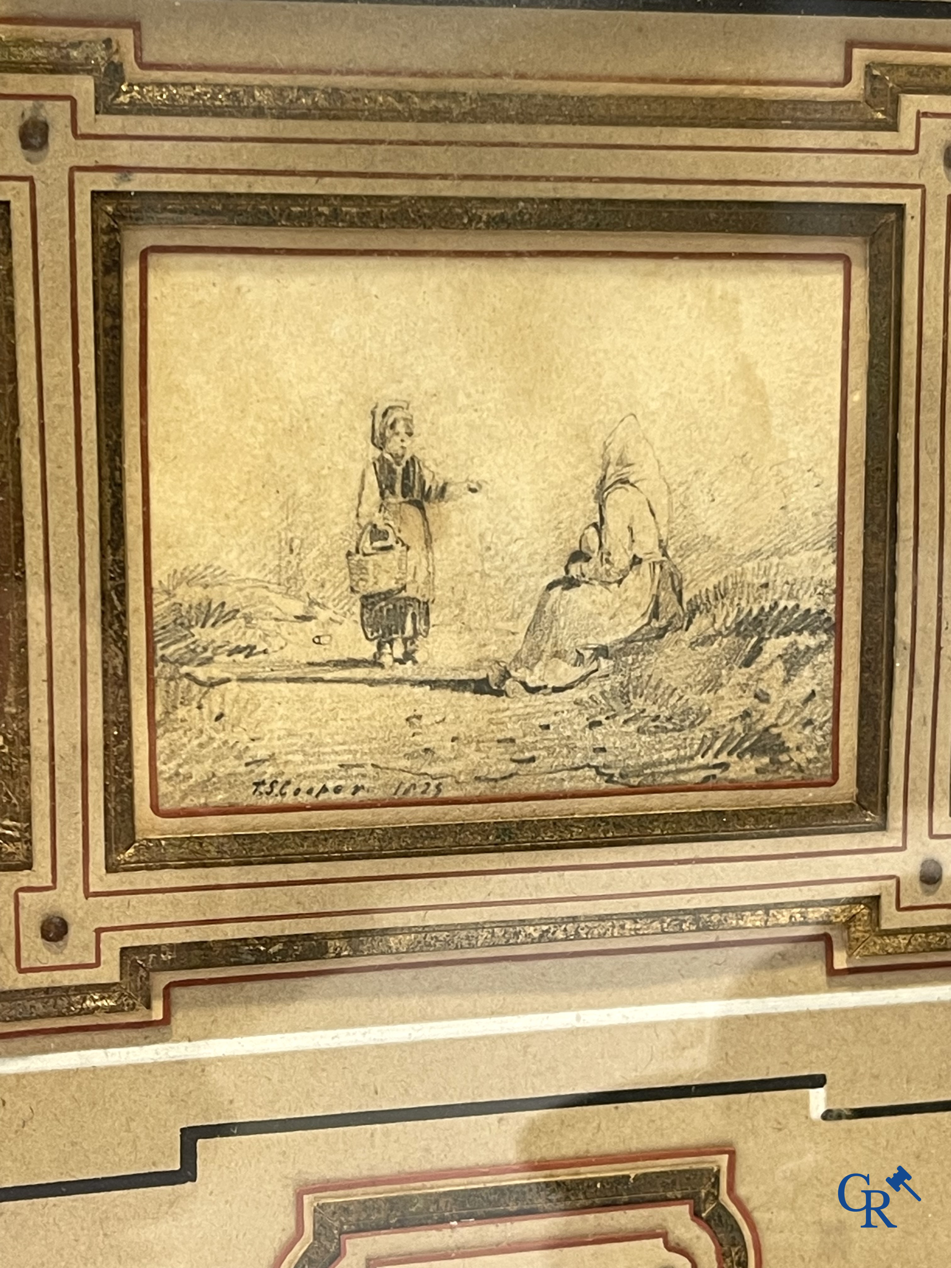 Lot brocante: Karaf, Val Saint Lambert, bronzen tafelbel, karaf met zilver montuur, miniatuur Thomas Sidney Cooper, enz.