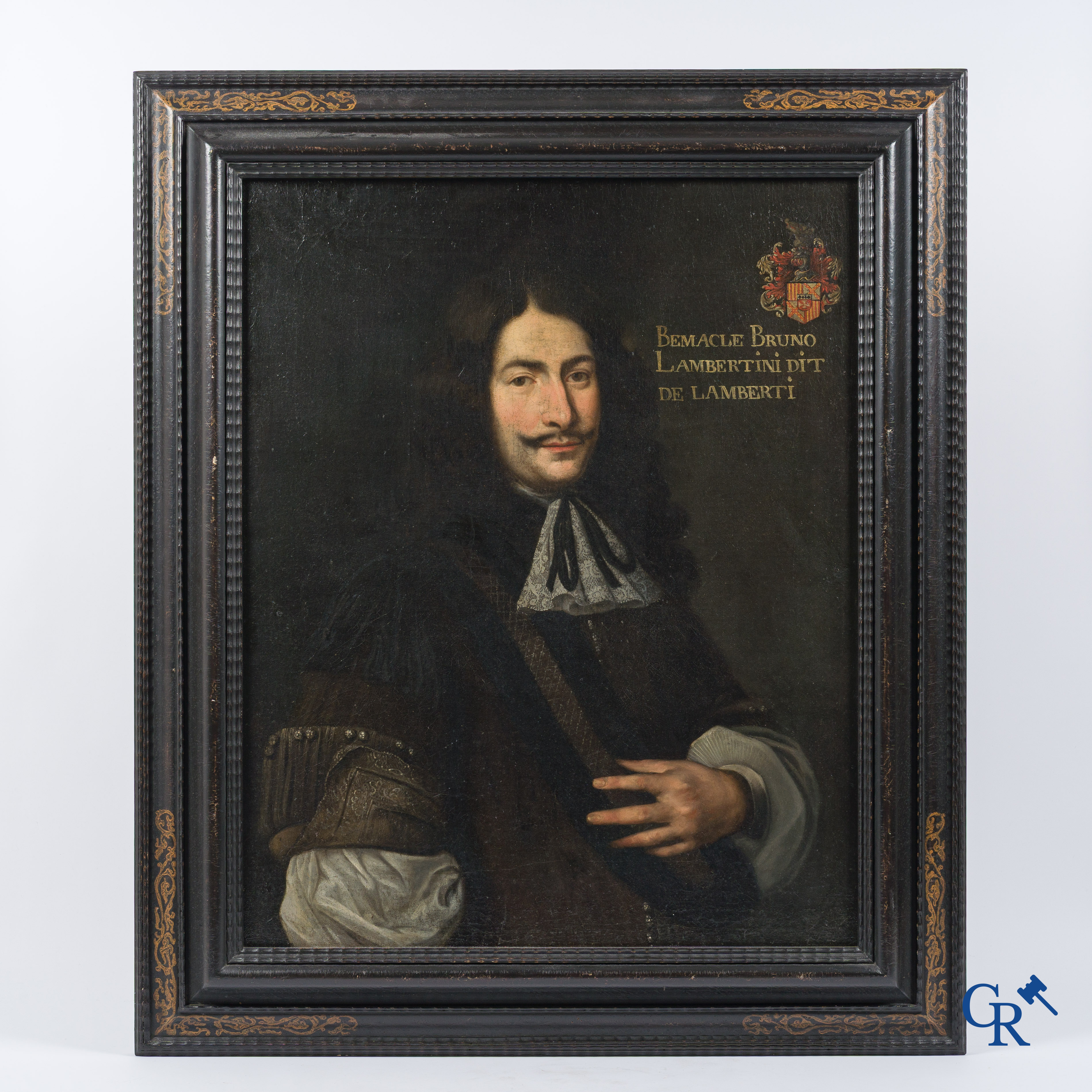 Portretschilderij van een edelman met wapenschild. Opschrift Bemacle Bruno Lambertini dit De Lamberti. 17e eeuw.
