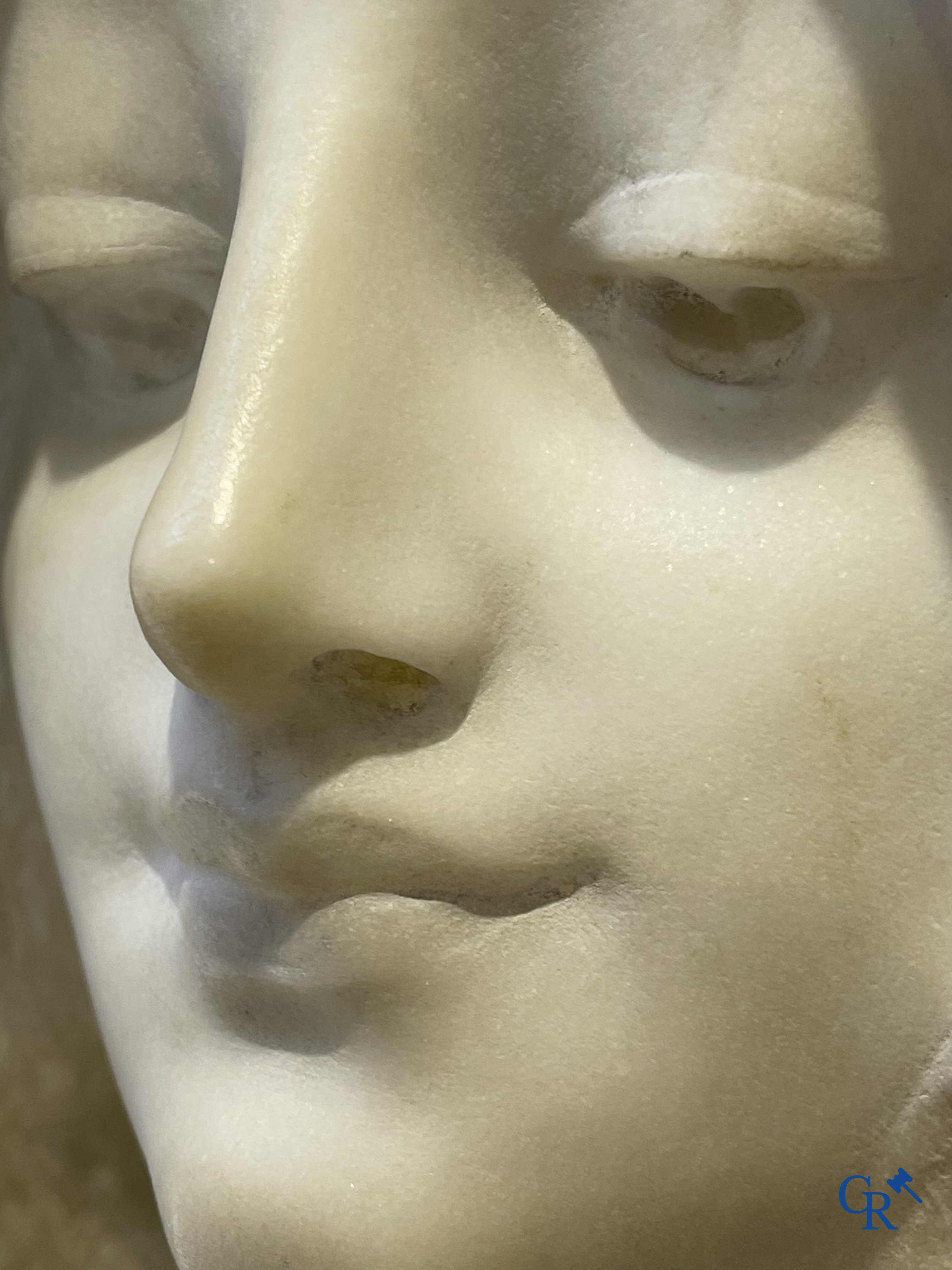 Art Nouveau. Buste van een jonge dame in Carrara marmer en bruin-groen gepatineerd brons. Gesigneerd. Circa 1900.