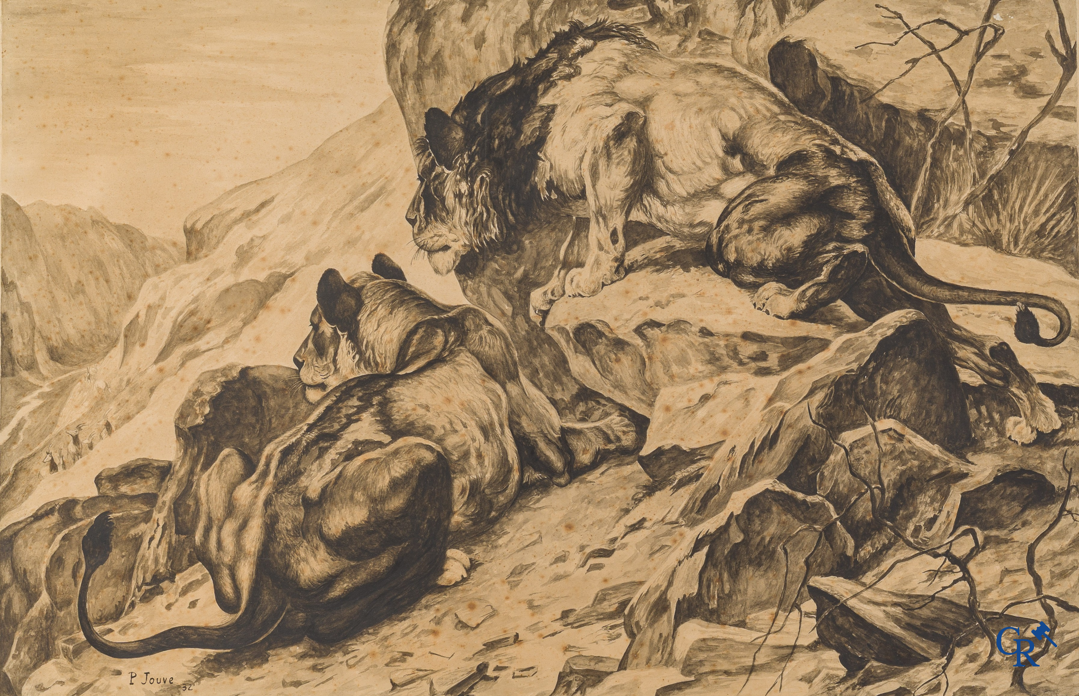 Jouve Paul (1878-1973) 2 leeuwen observeren hun prooi. Waterverf en potlood op tekenpapier. Gedateerd 1932.