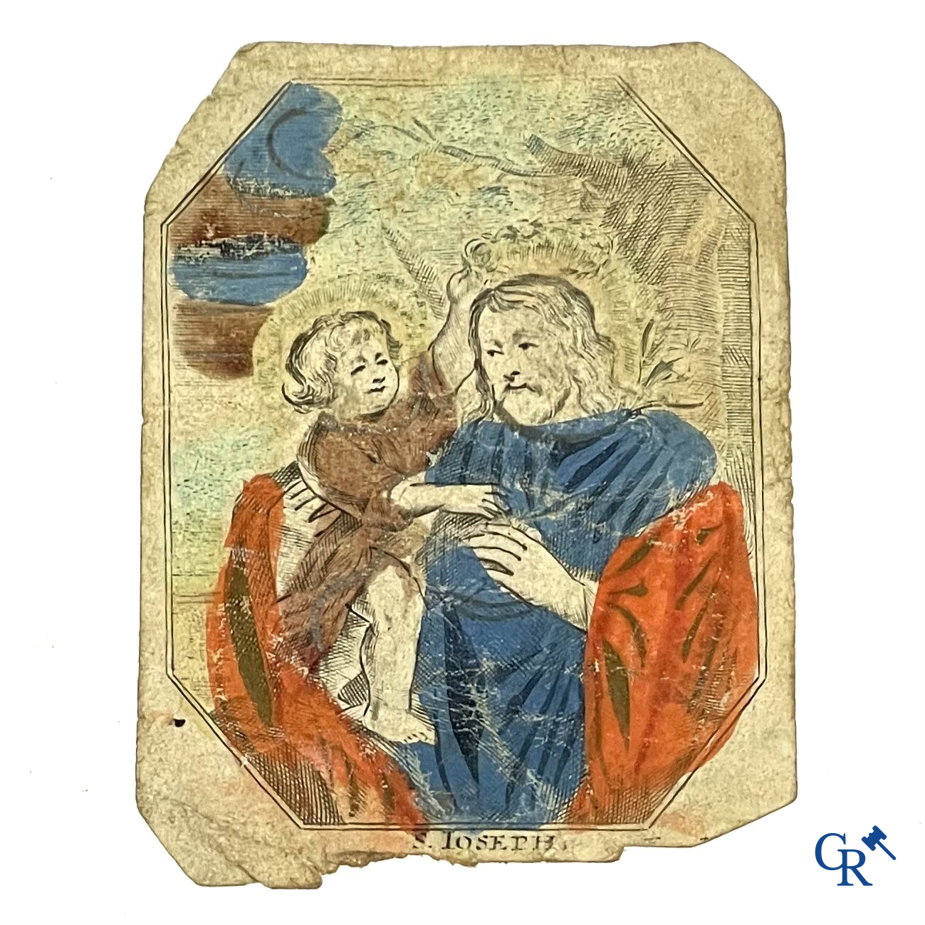 Religieuze objecten. 5 devotie prenten. Kopergravure op vergé papier en velijn aangevuld met kleur. 18e eeuw.