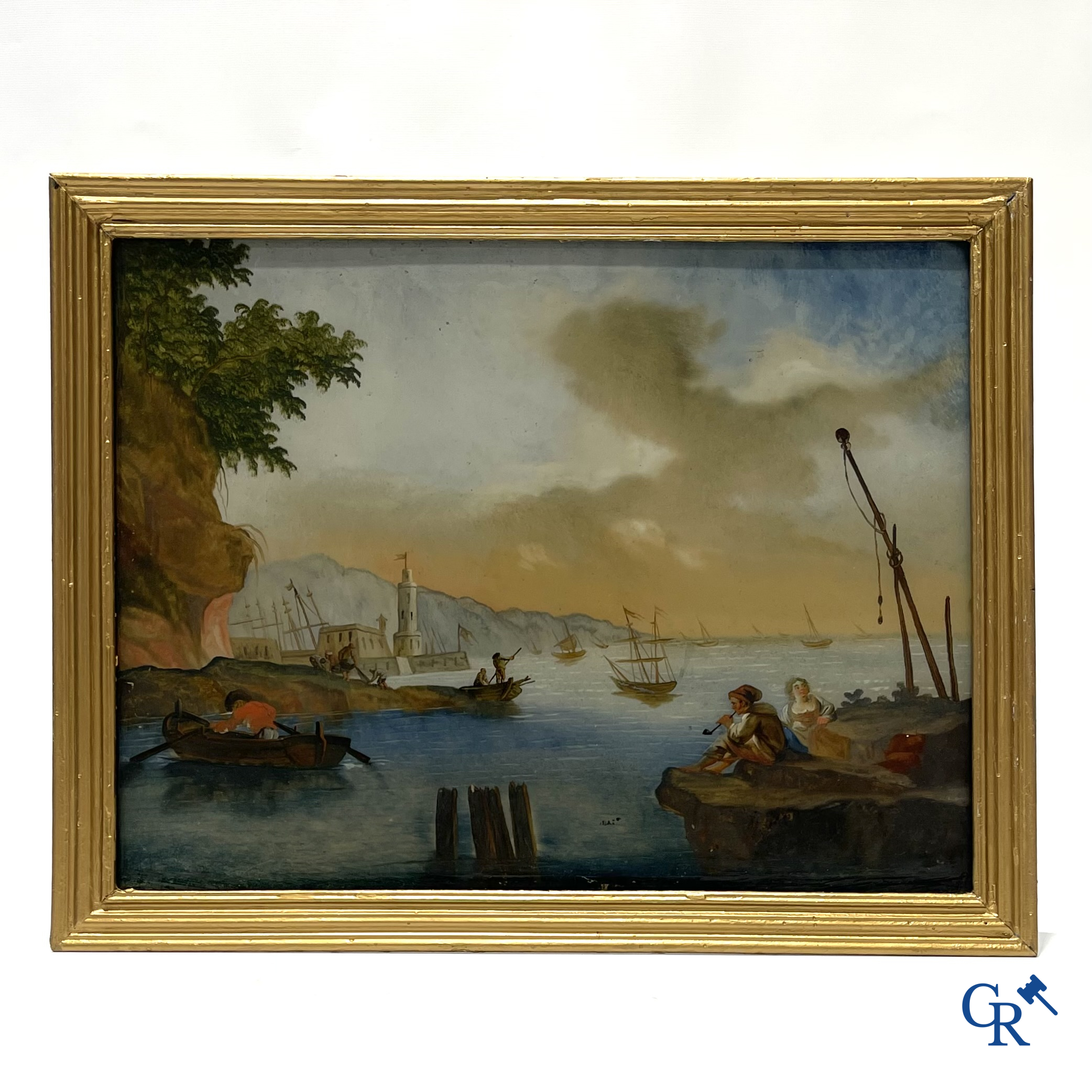 Achterglasschildering of Verre églomisé in de stijl van Claude Joseph Vernet. Italiaanse of Franse school circa 1800.