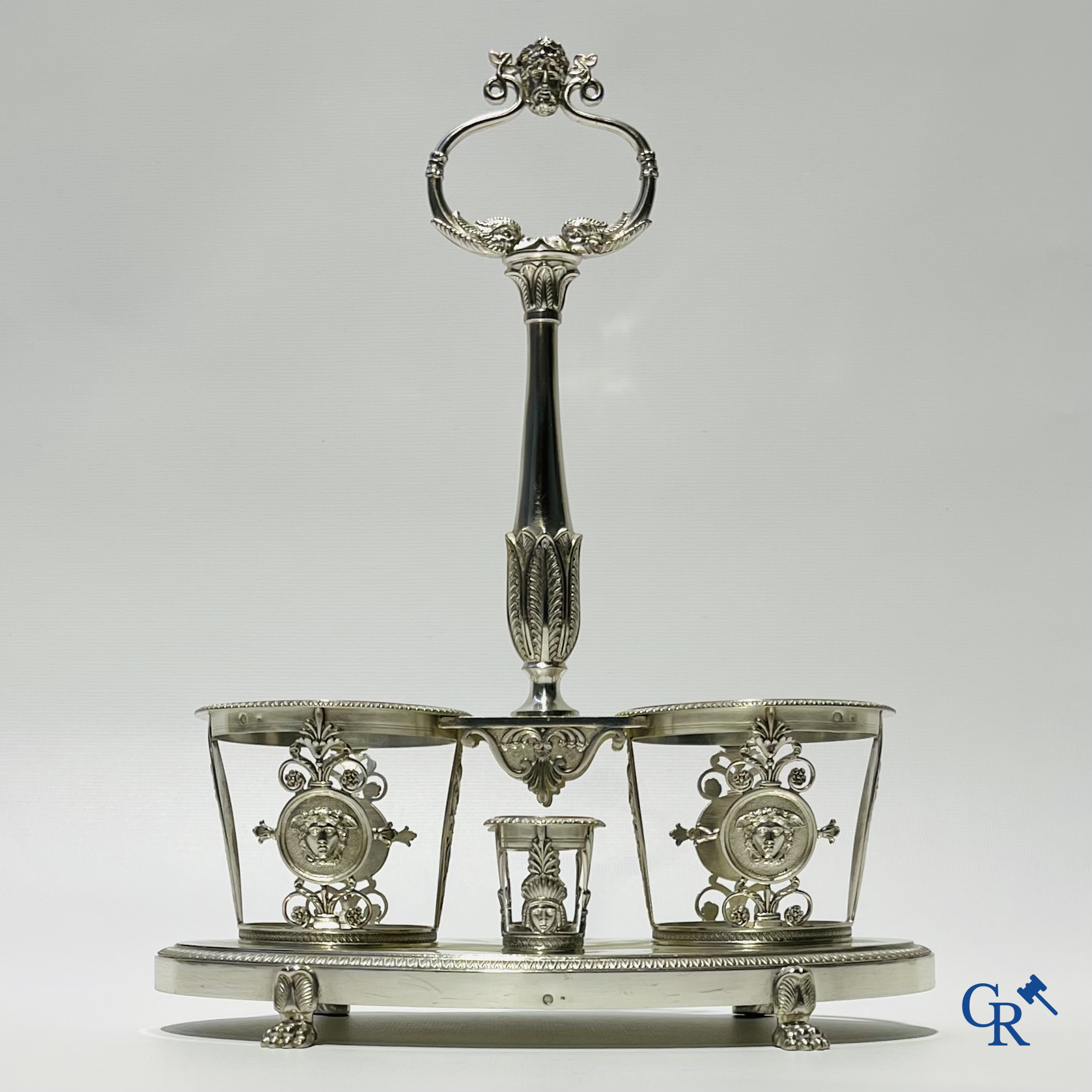 Tafelstandaard voor olie en azijn. Zilver, 1ste gehalte. Zilversmid veuve Clément Poirier. Frankrijk, empire periode.