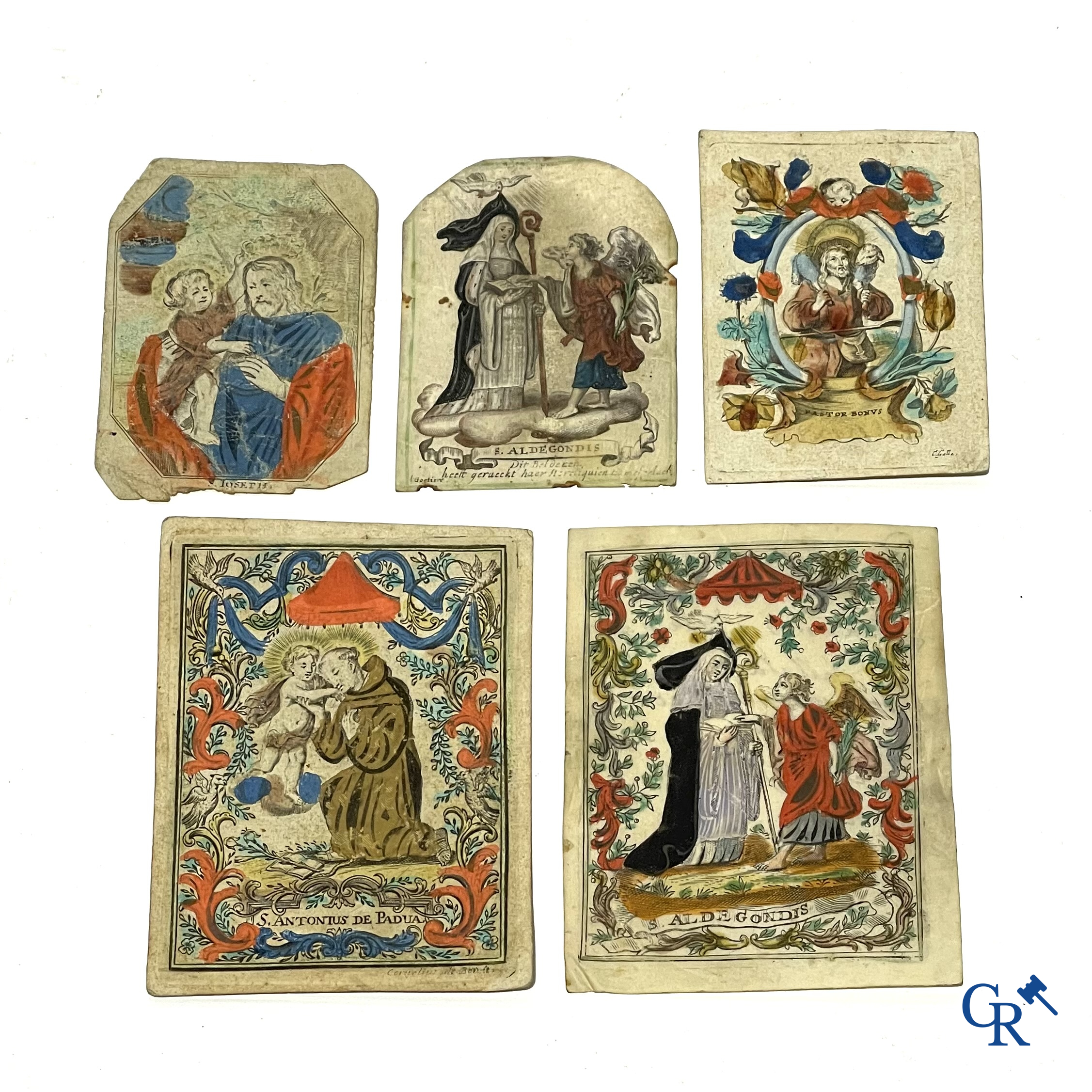 Religieuze objecten. 5 devotie prenten. Kopergravure op vergé papier en velijn aangevuld met kleur. 18e eeuw.