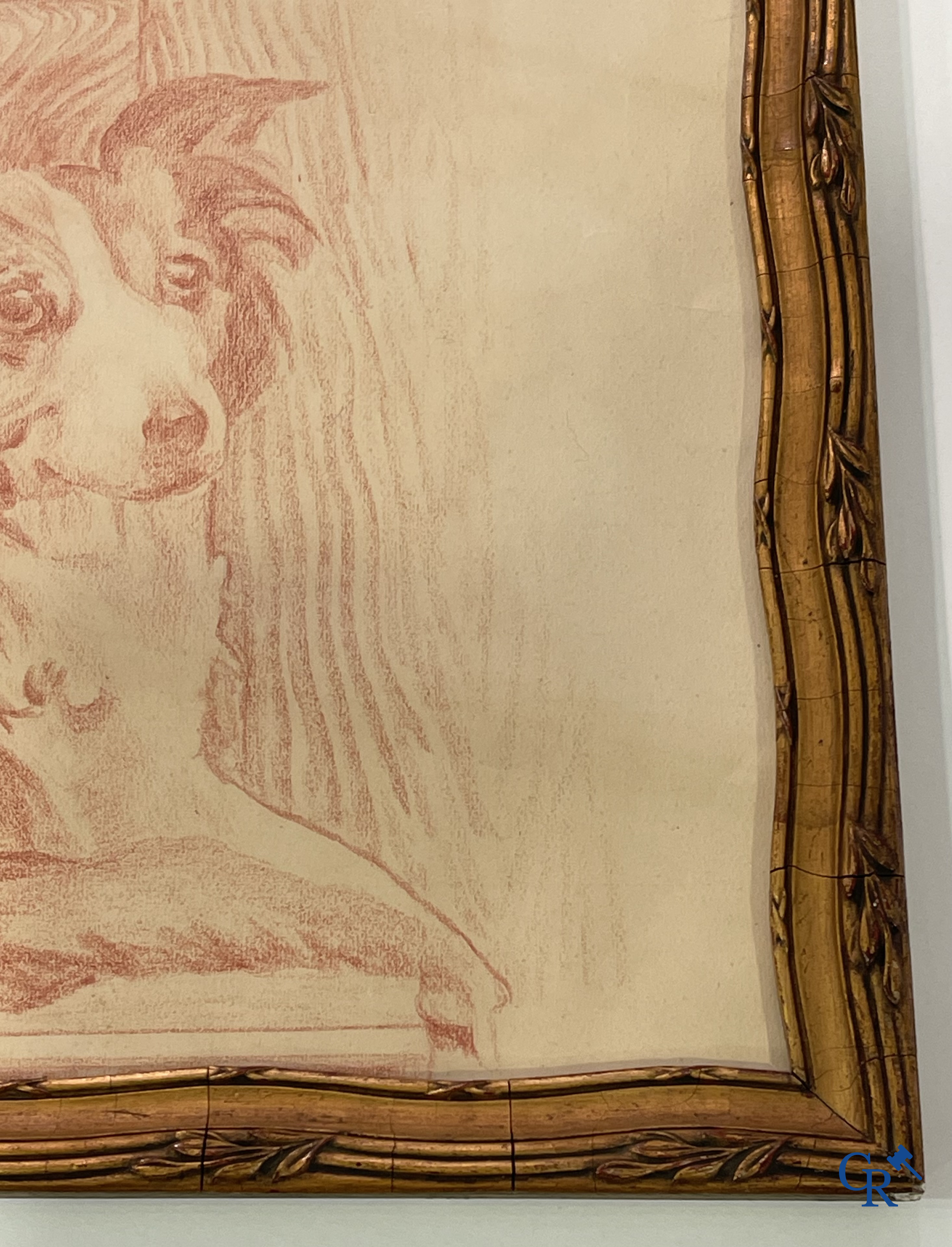 Théo Van Rysselberghe (1862-1926) Portret van een dame met honden. Rood krijt op papier. Gedateerd 1915.