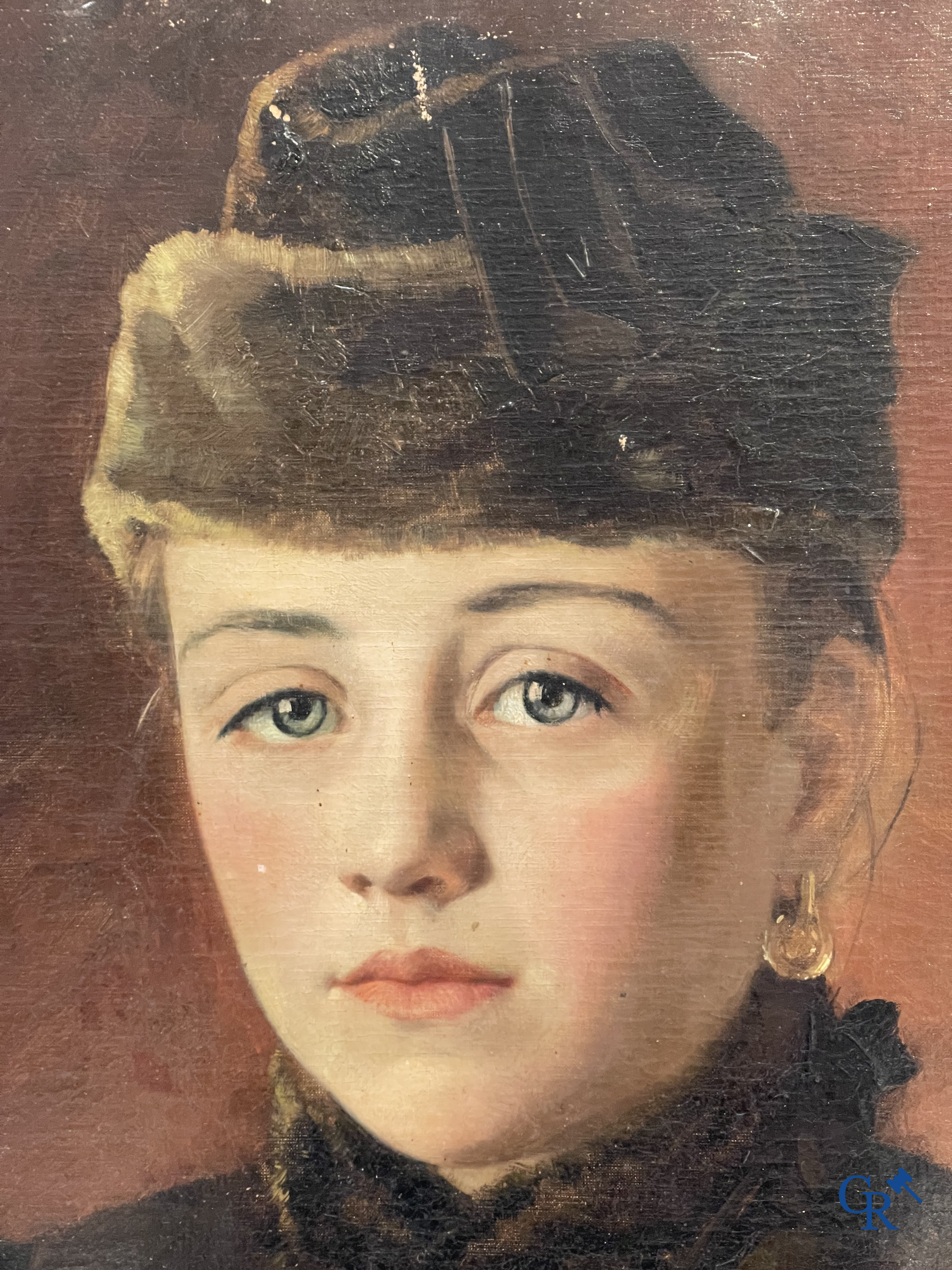 Charles Joseph Van Landuyt (1854-1934) Portretschilderij van een jonge dame met pelsmantel, 1888. Olie op doek.